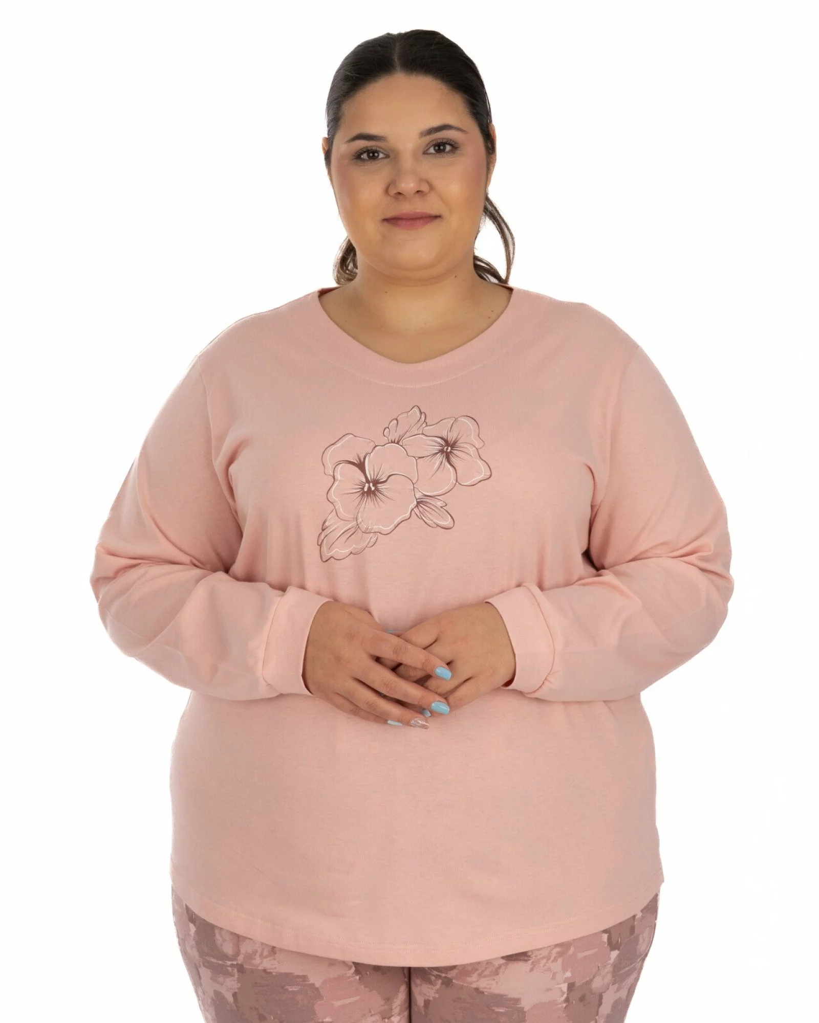 Pijama damă mărimi mari roz pudrat din bumbac, cu manșete