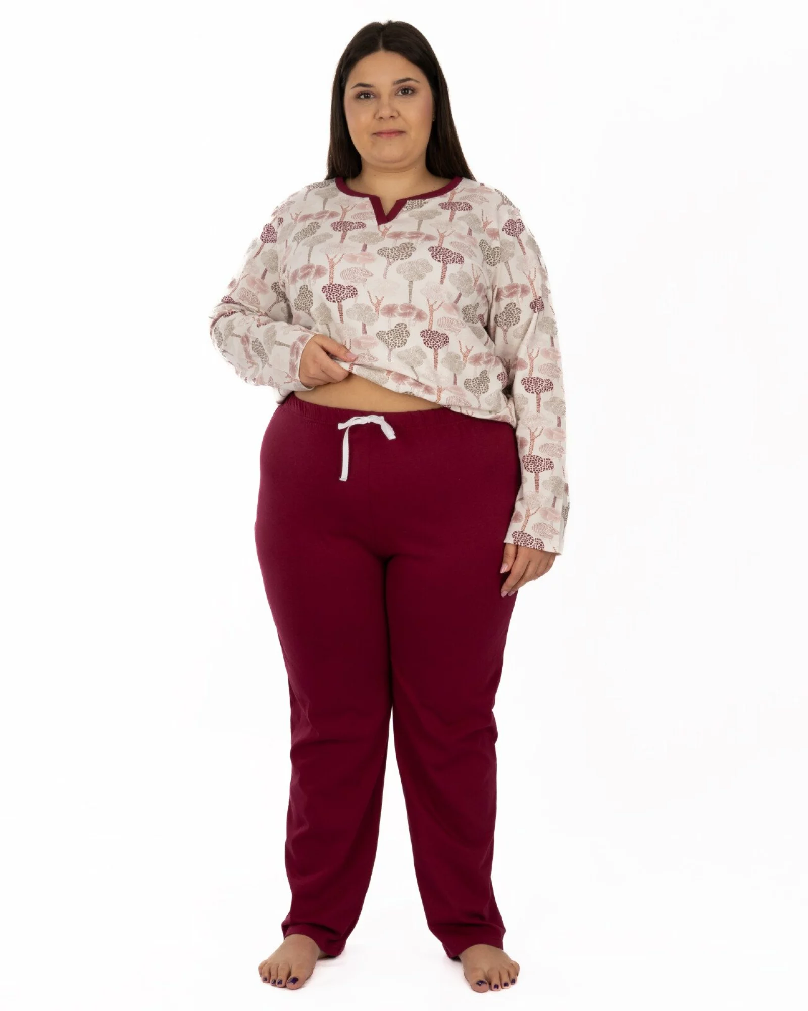 Pijama damă mărimi mari bordo din bumbac, cu fentă în V