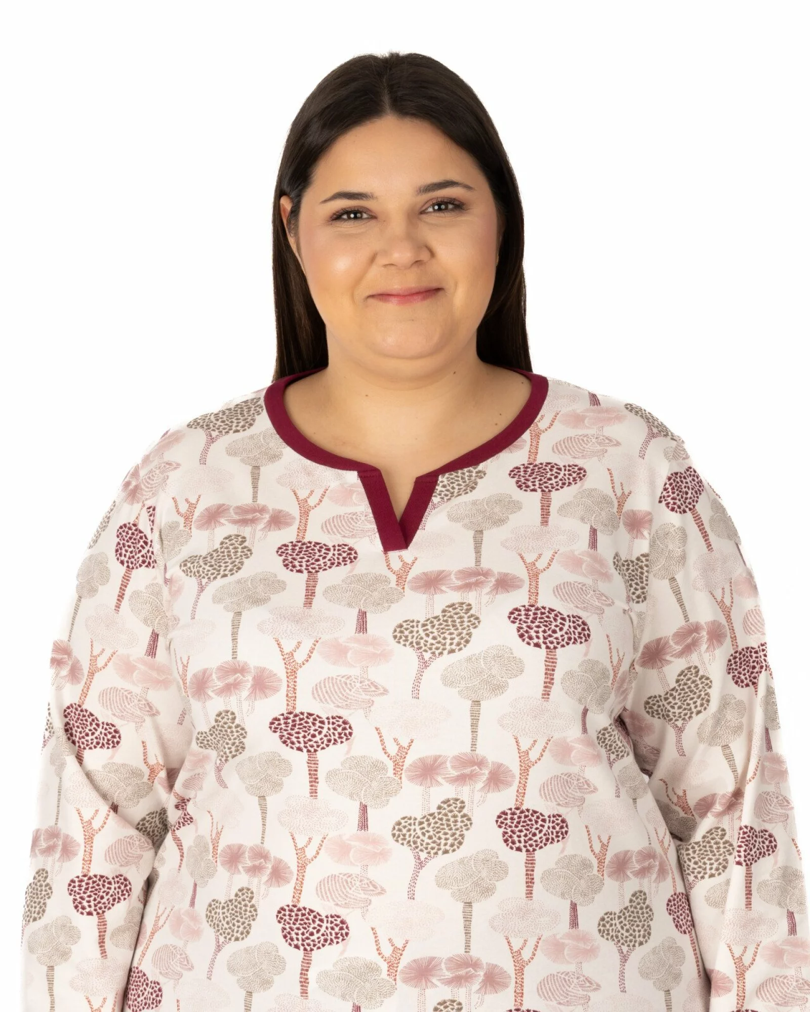 Pijama damă mărimi mari bordo din bumbac, cu fentă în V