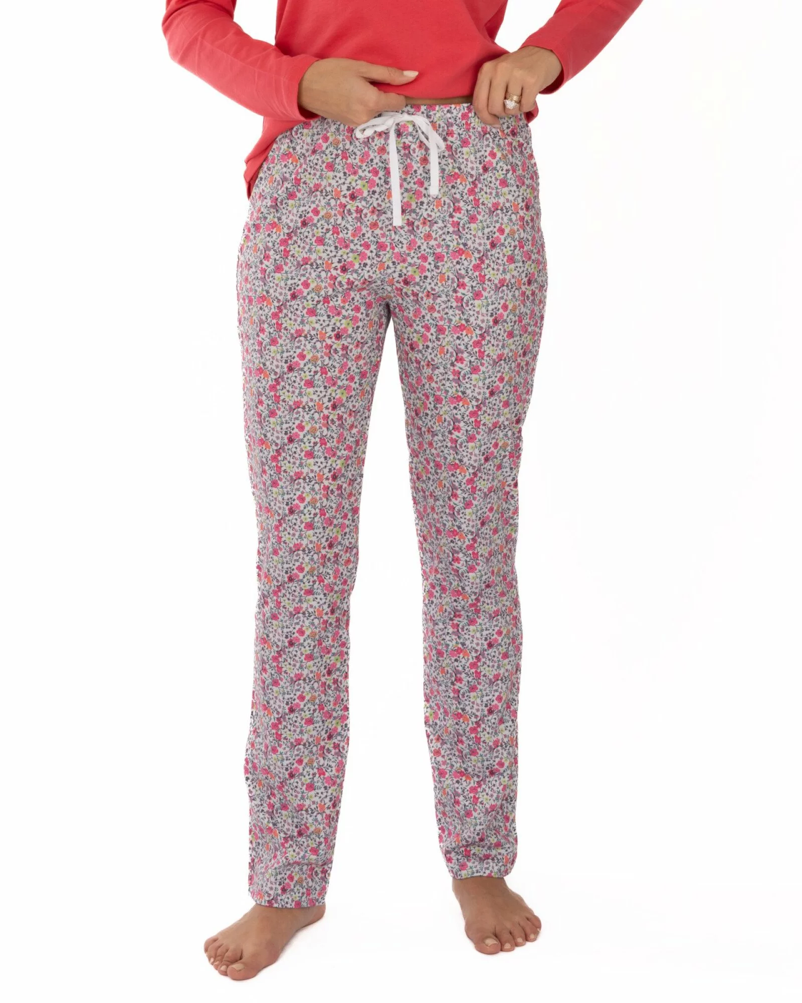 Pijama damă roz coral din bumbac, cu fentă cu nasturi