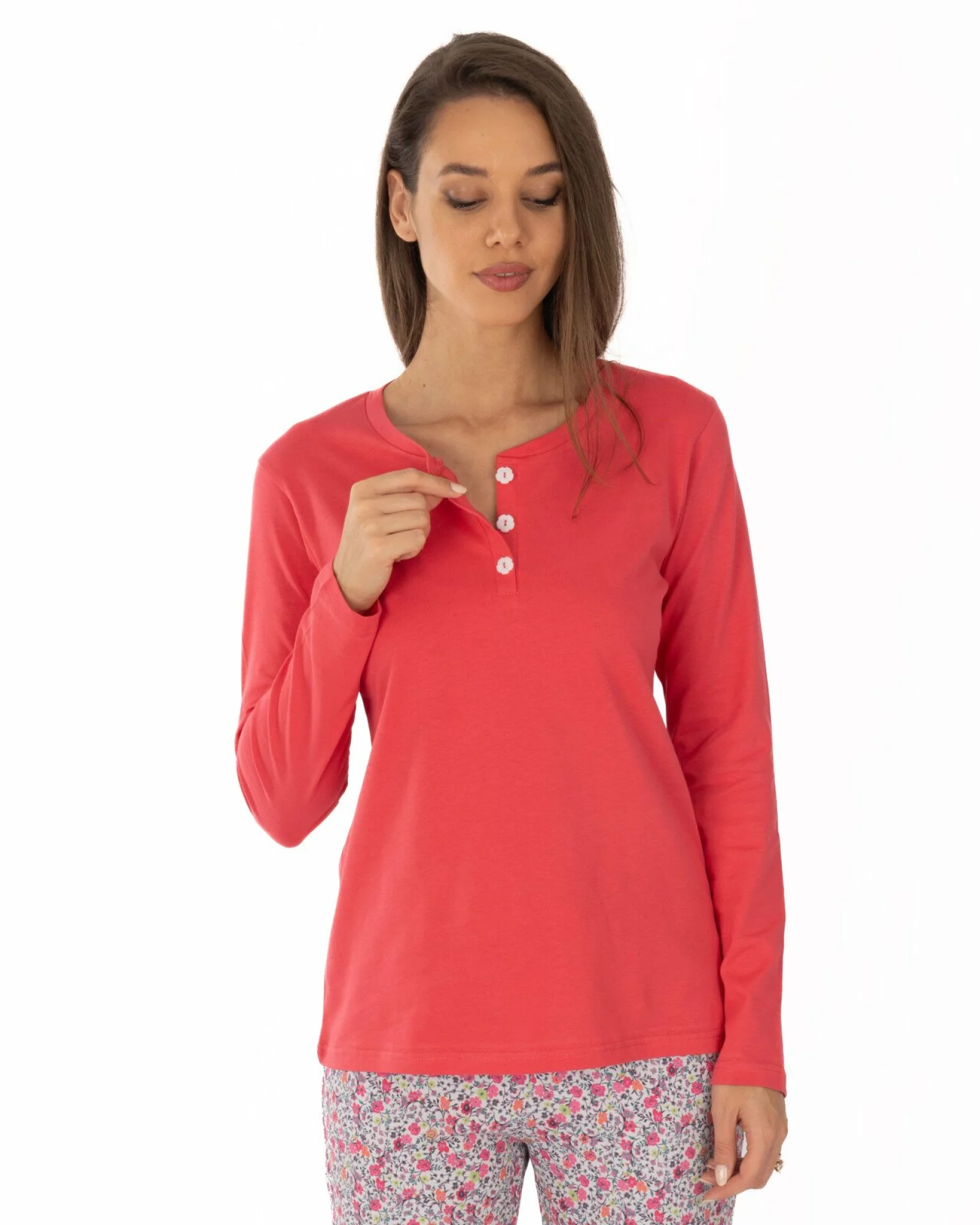 Pijama damă roz coral din bumbac, cu fentă cu nasturi