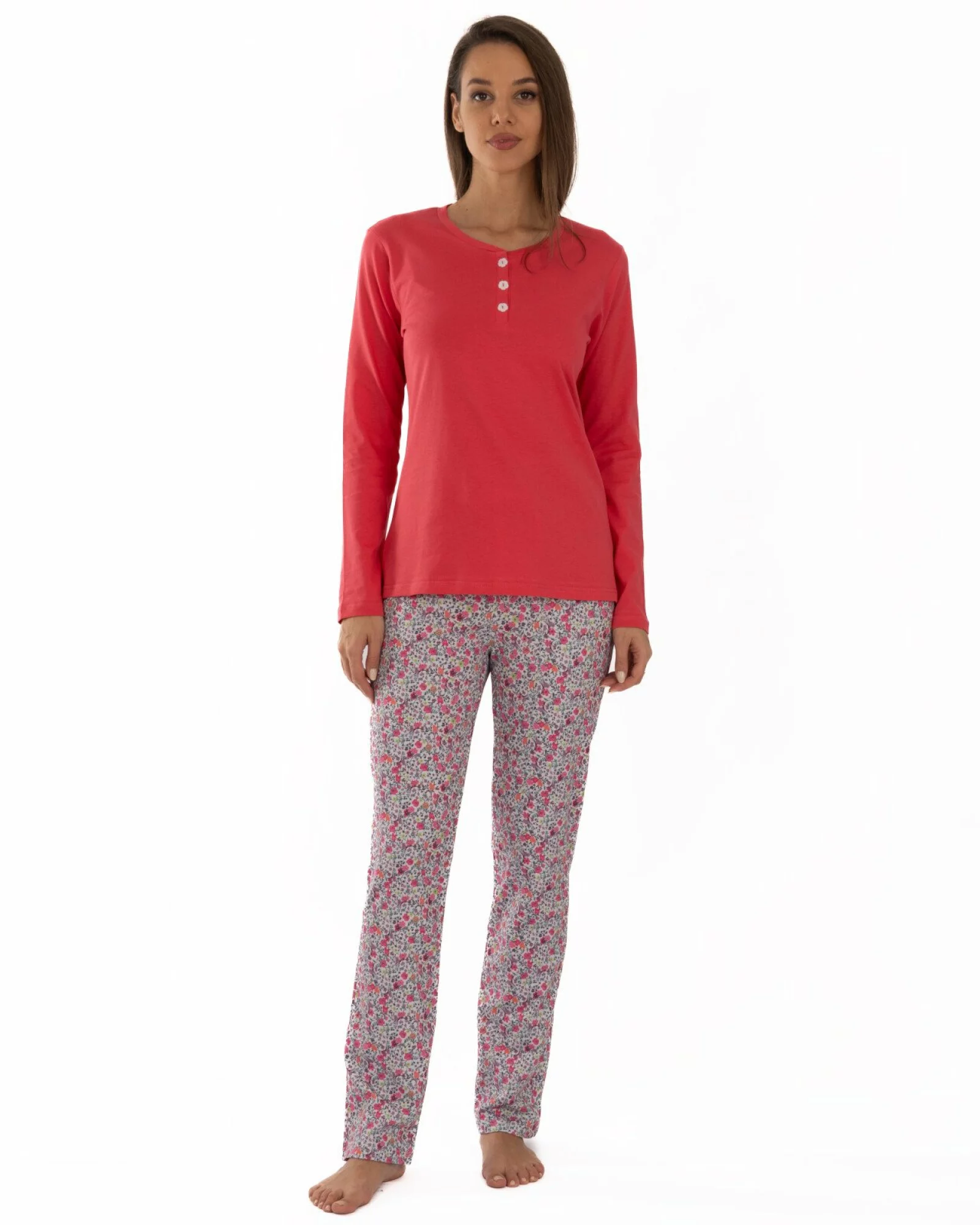 Pijama damă roz coral din bumbac, cu fentă cu nasturi
