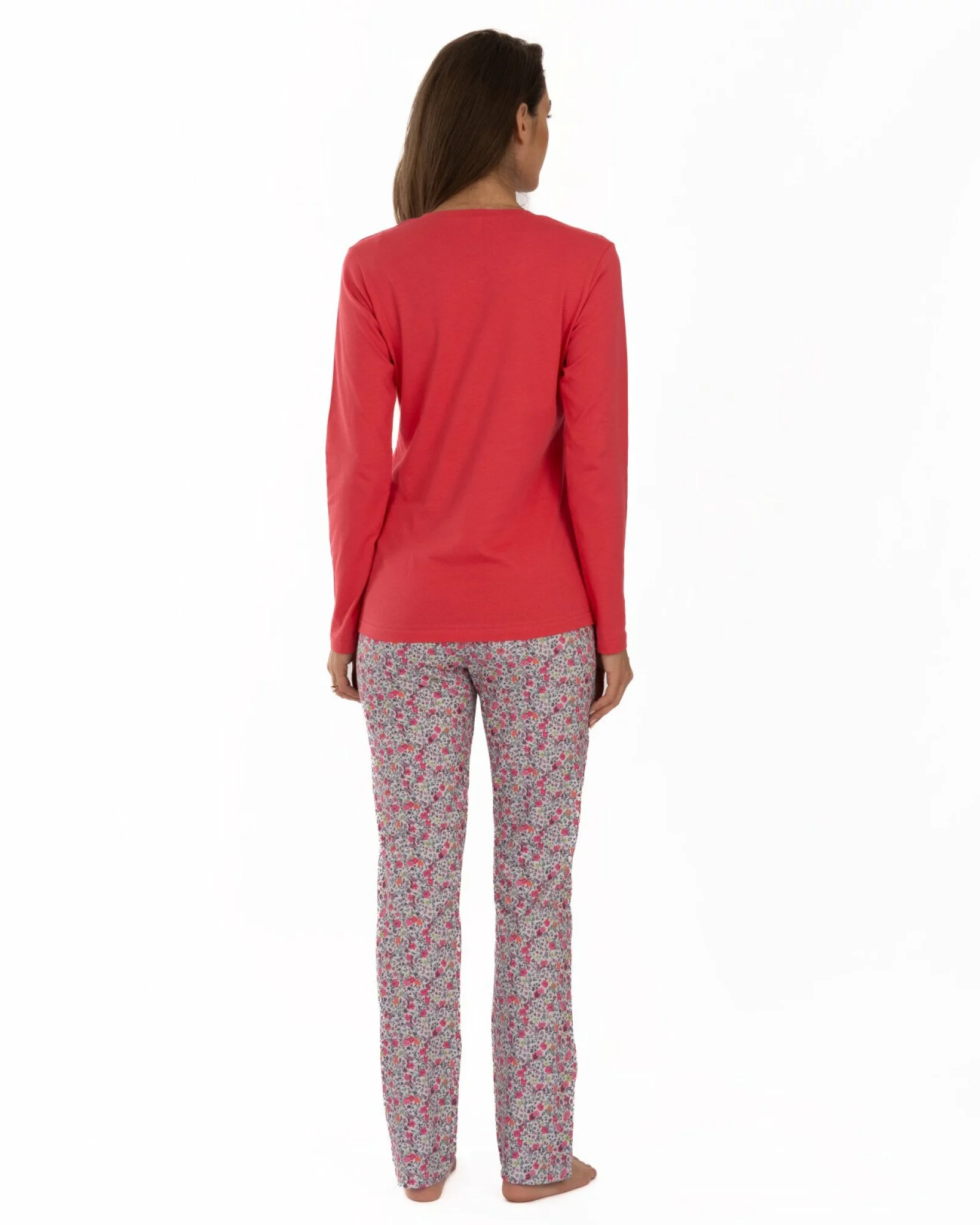 Pijama damă roz coral din bumbac, cu fentă cu nasturi