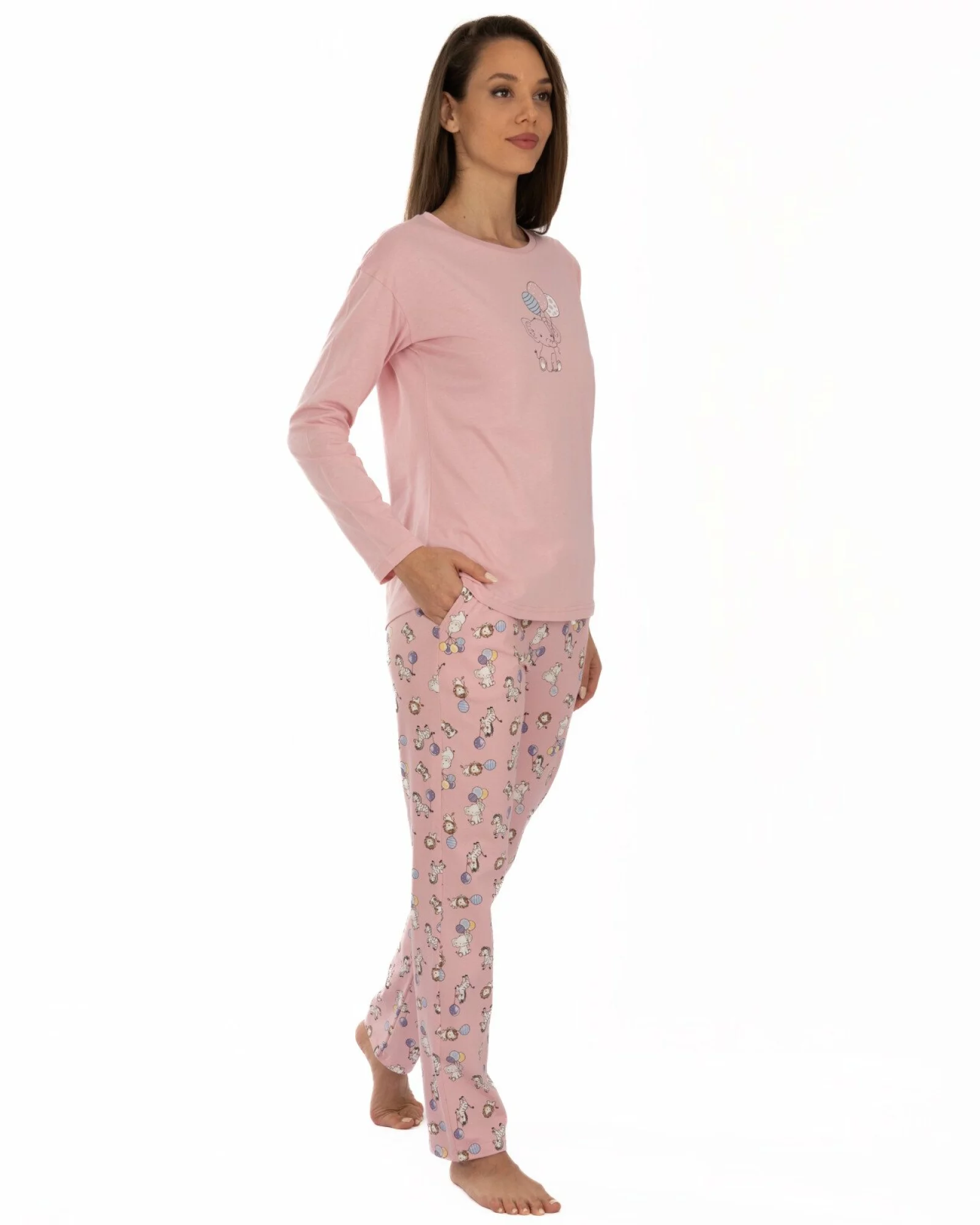 Pijama damă roz din bumbac, lejeră, cu imprimeu