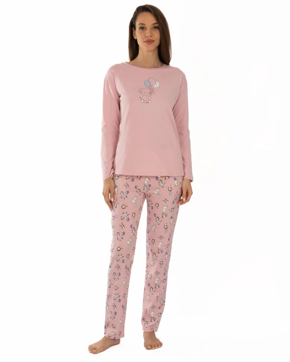Pijama damă roz din bumbac, lejeră, cu imprimeu