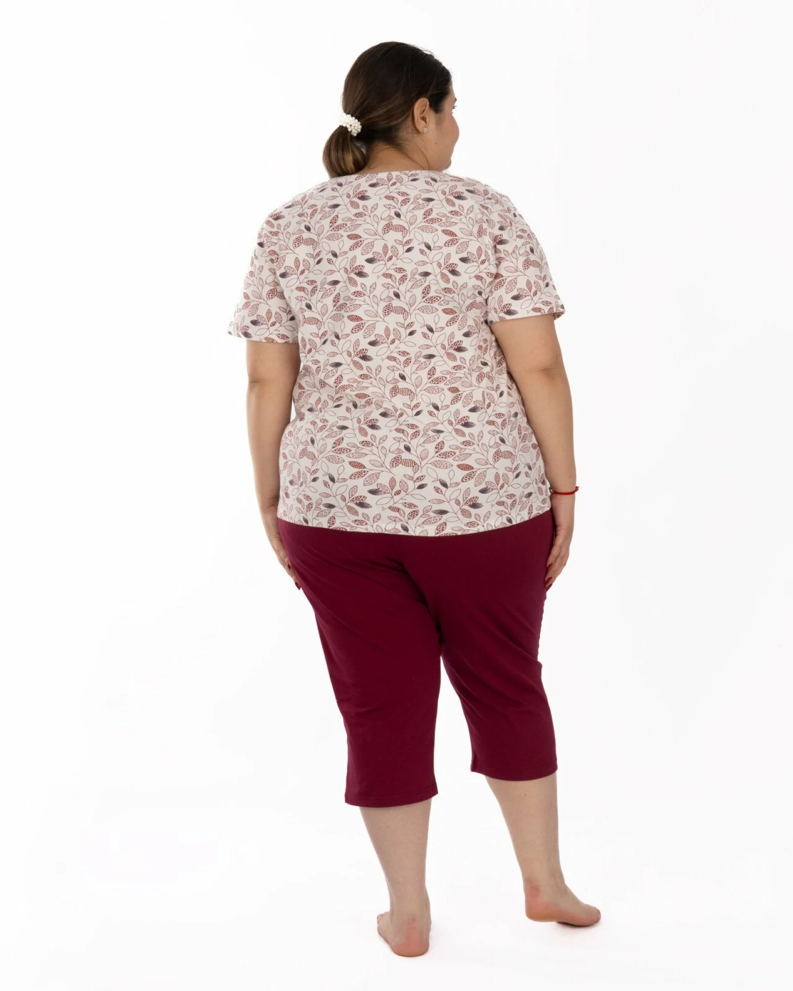 Pijama damă mărimi mari bordo din bumbac, cu pantaloni sub genunchi