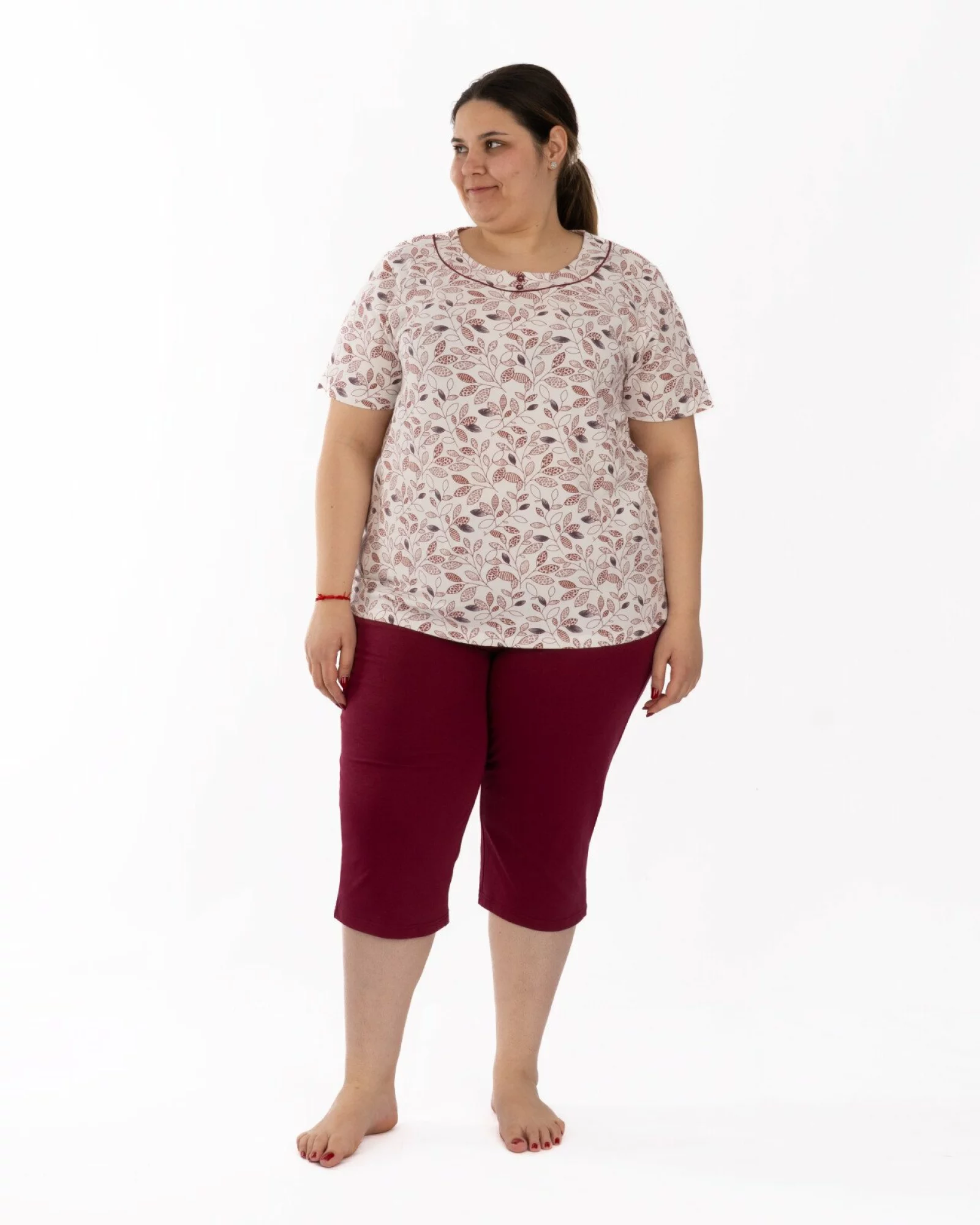 Pijama damă mărimi mari bordo din bumbac, cu pantaloni sub genunchi