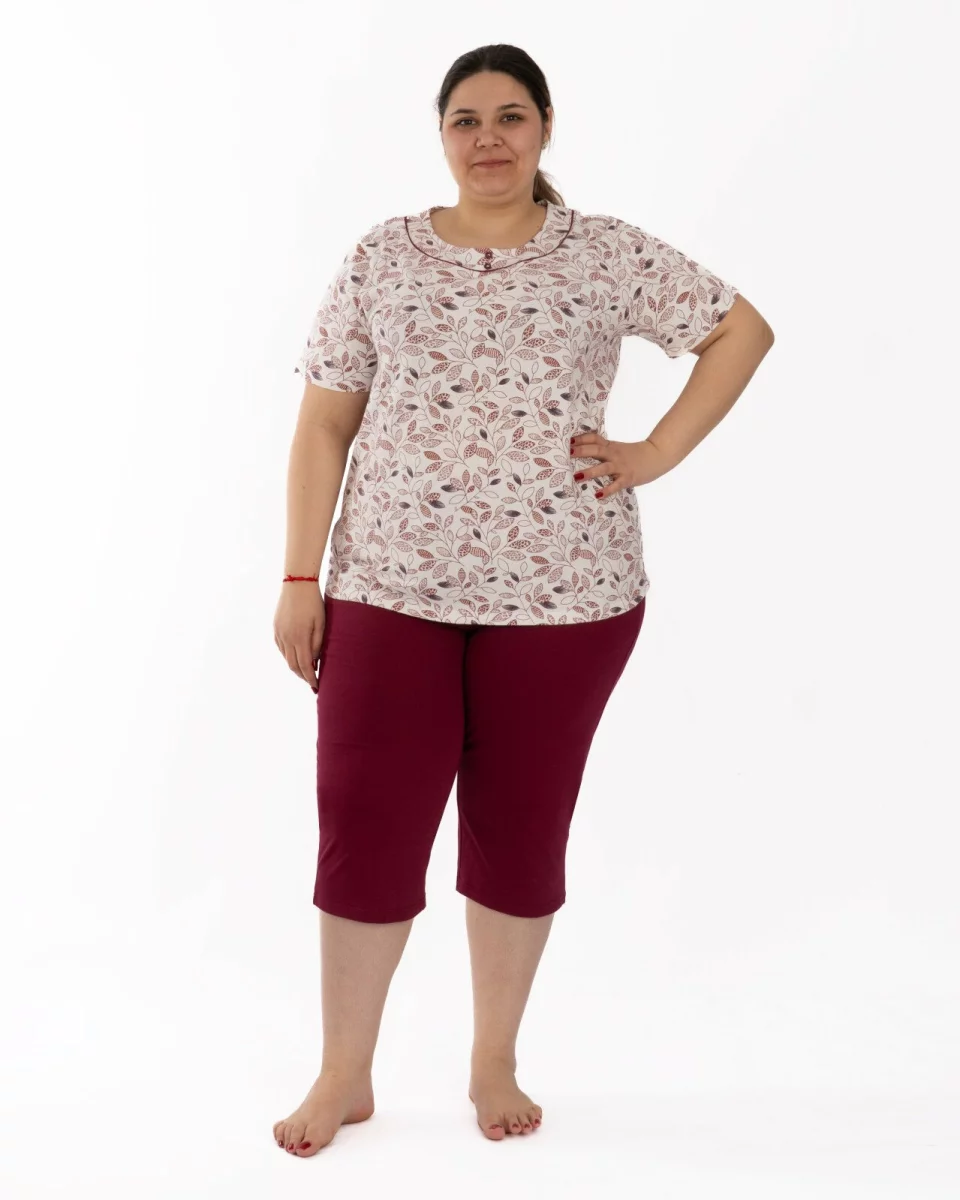 Pijama damă mărimi mari bordo din bumbac, cu pantaloni sub genunchi