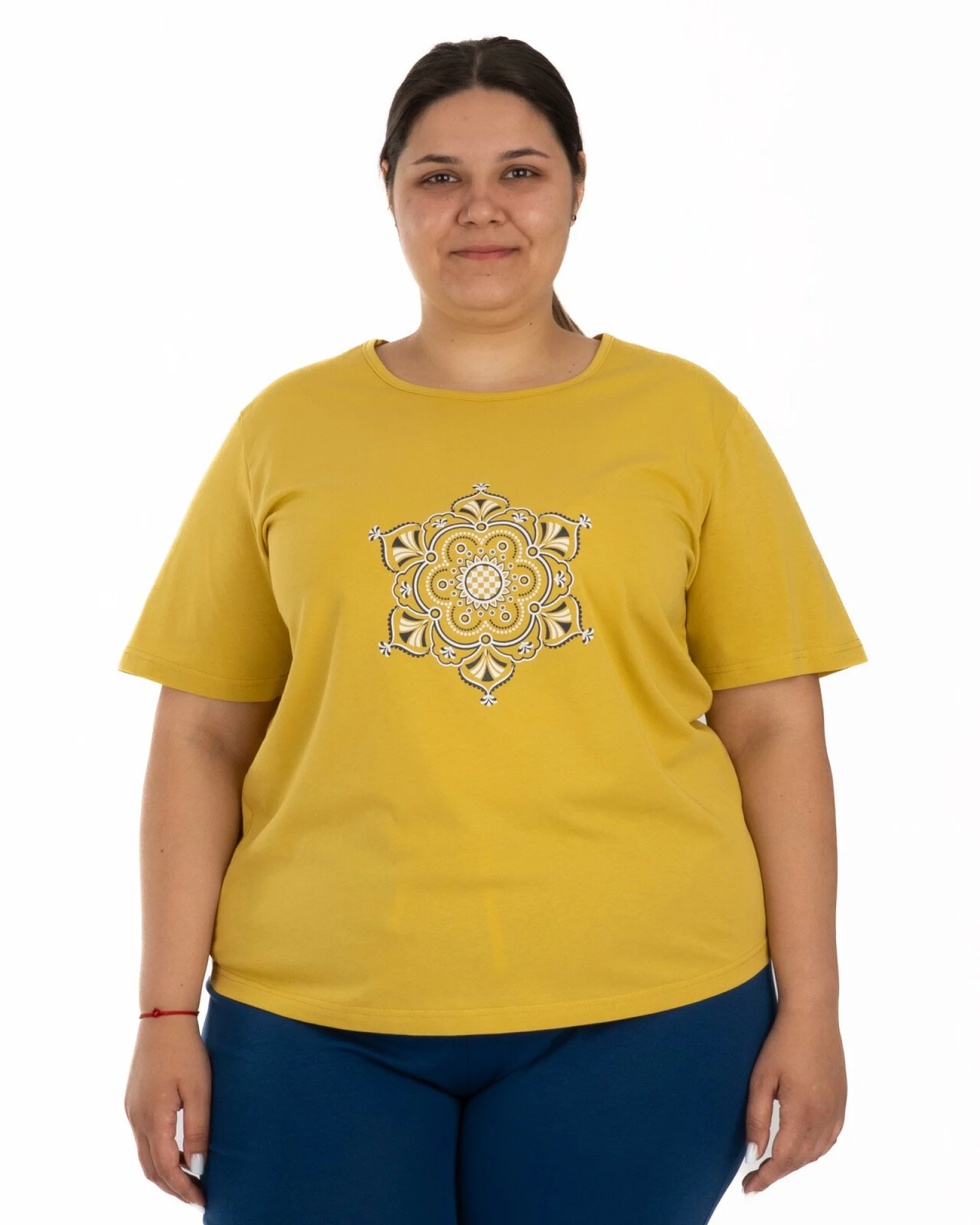 Pijama damă mărimi mari muștar din bumbac, cu imprimeu central