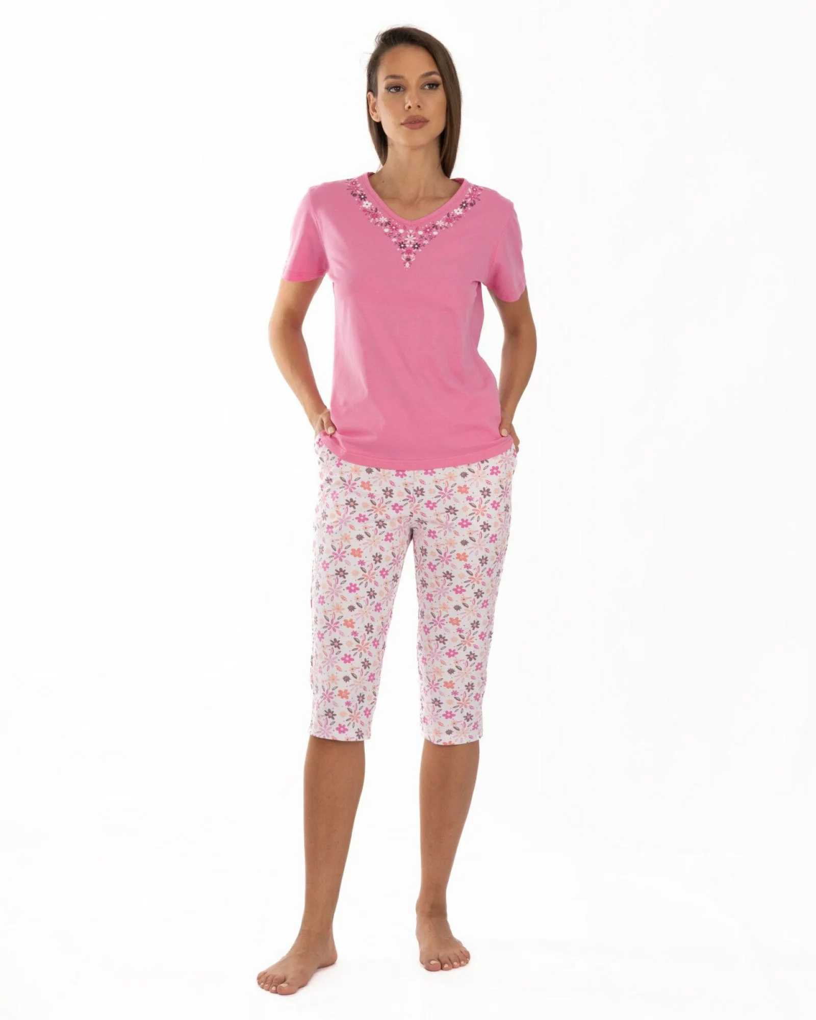 Pijama damă roz din bumbac, cu pantaloni sub genunchi