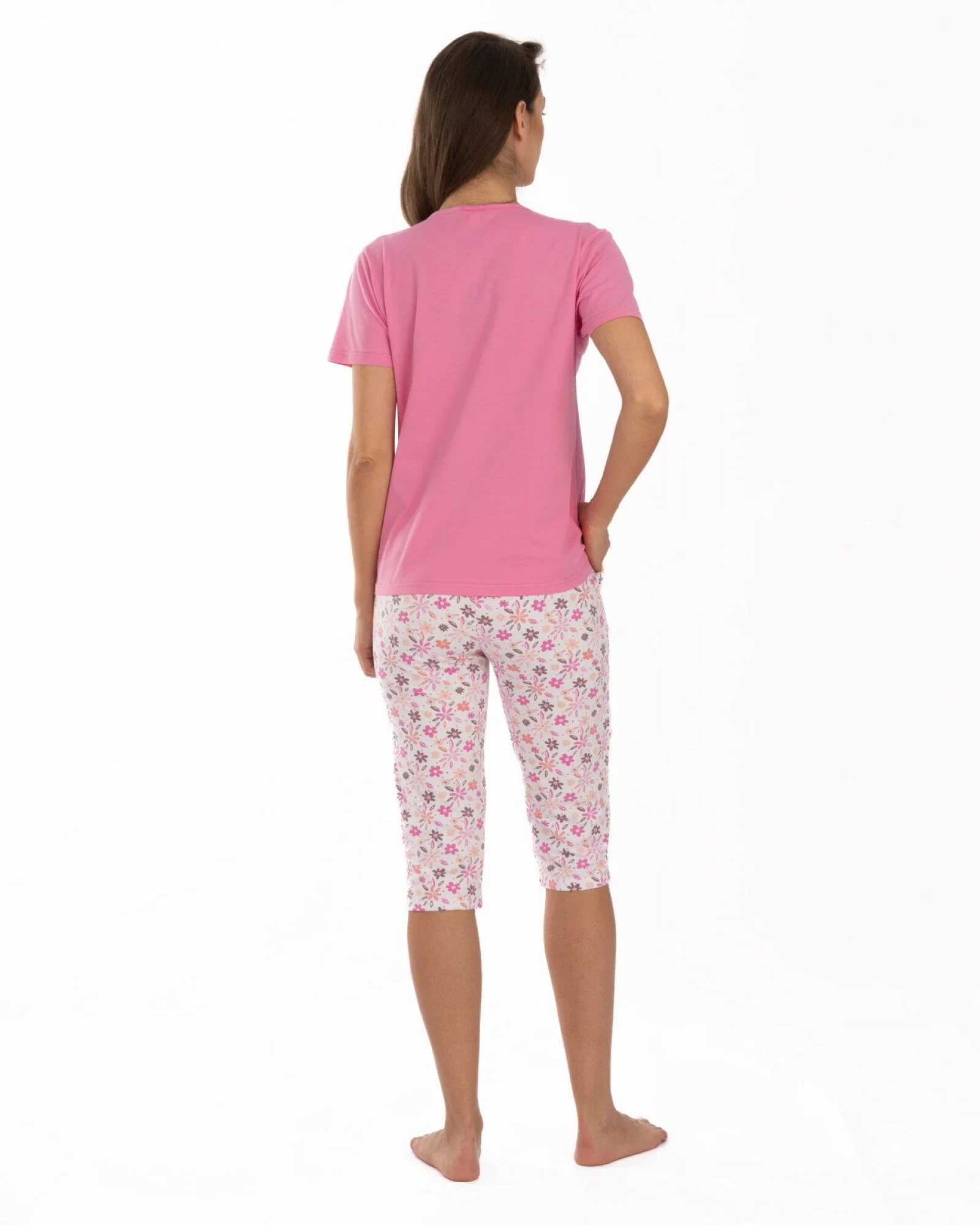 Pijama damă roz din bumbac, cu pantaloni sub genunchi