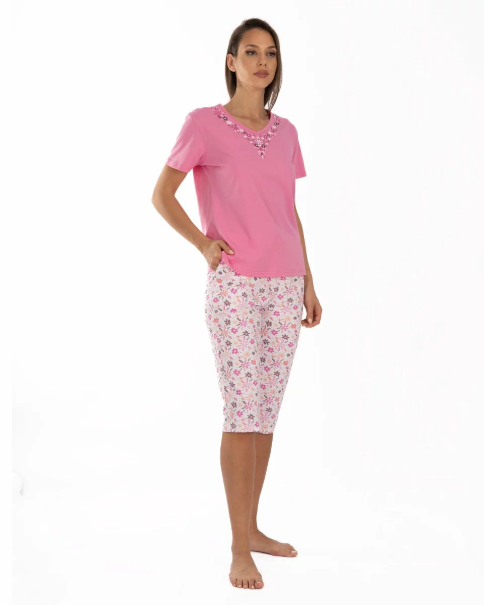 Pijama damă roz din bumbac, cu pantaloni sub genunchi