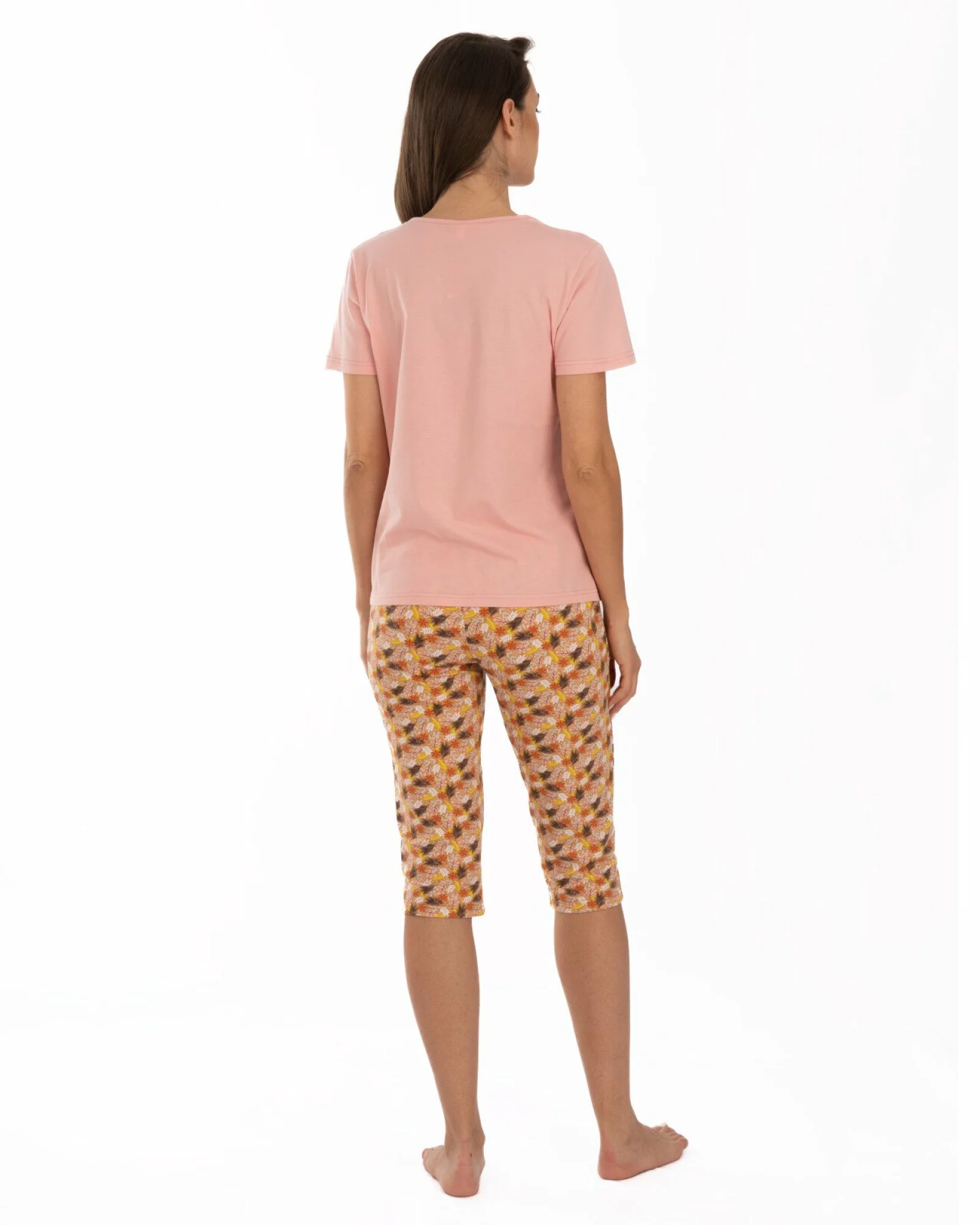 Pijama damă somon din bumbac, cu pantaloni sub genunchi