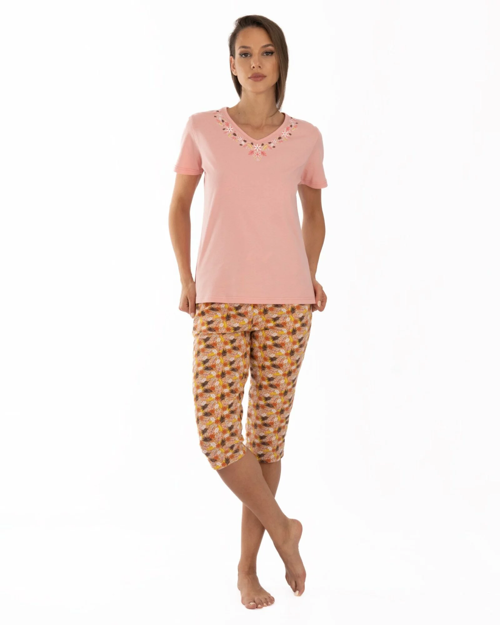 Pijama damă somon din bumbac, cu pantaloni sub genunchi