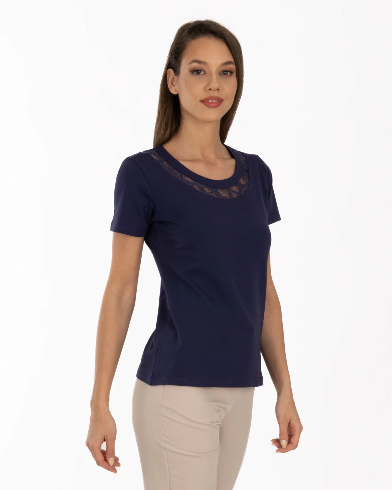 Tricou bleumarin bumbac elastan cu dantelă la decolteu