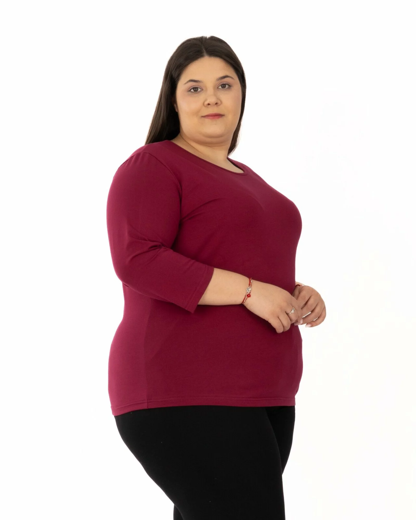 Bluză bordo bumbac elastan mărimi mari mânecă 3/4