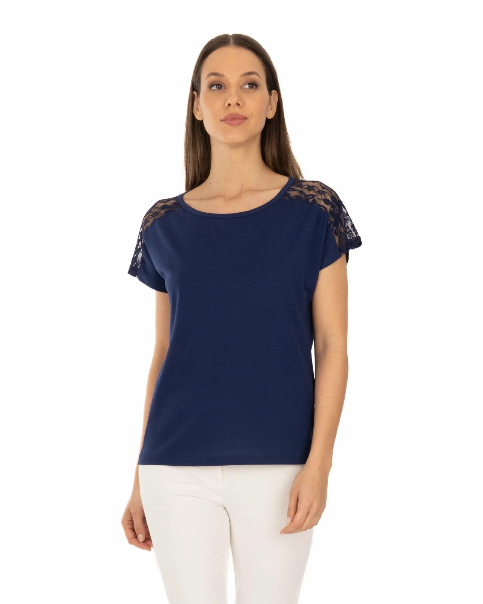 Tricou bleumarin bumbac cu dantelă la umeri