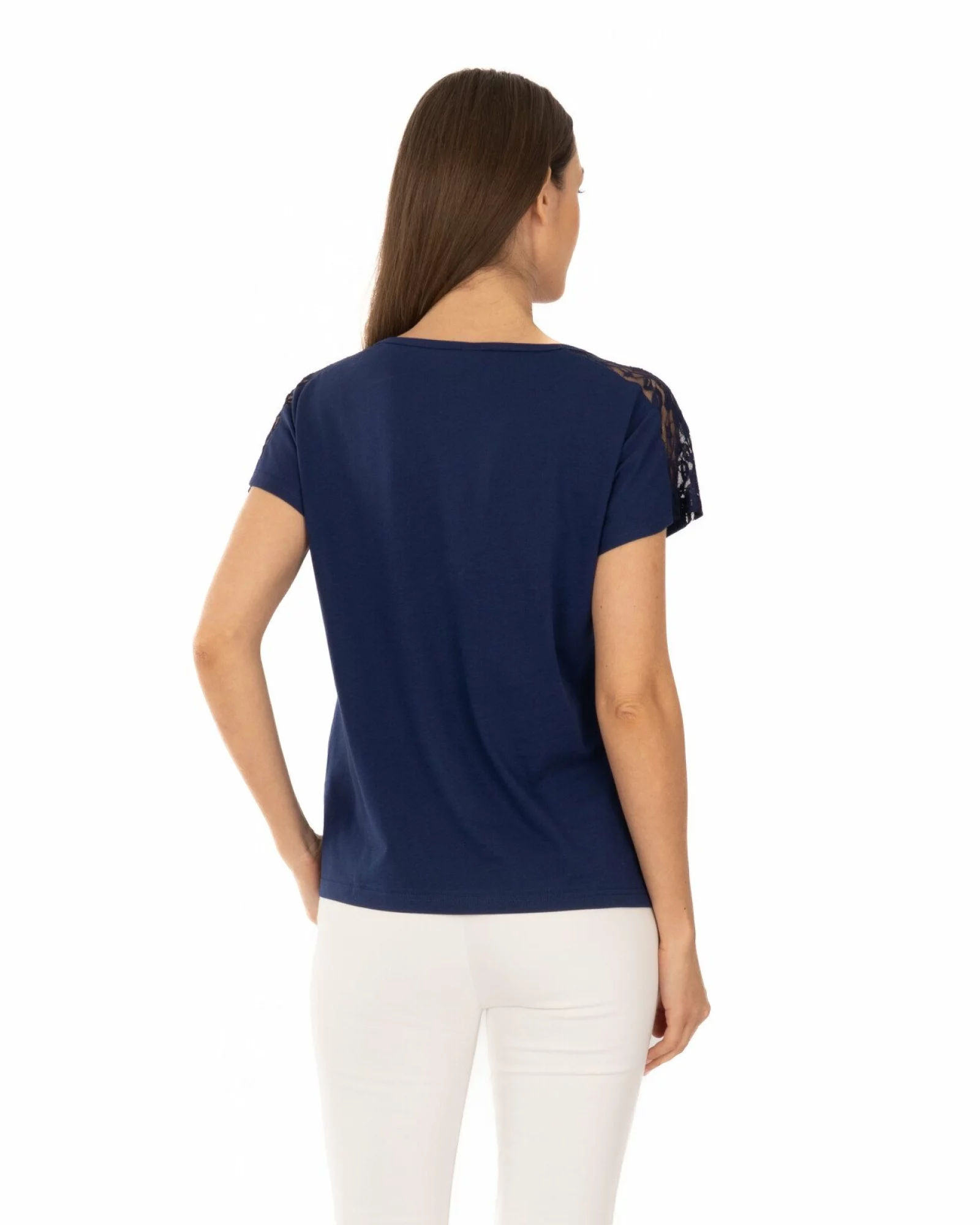 Tricou bleumarin bumbac cu dantelă la umeri