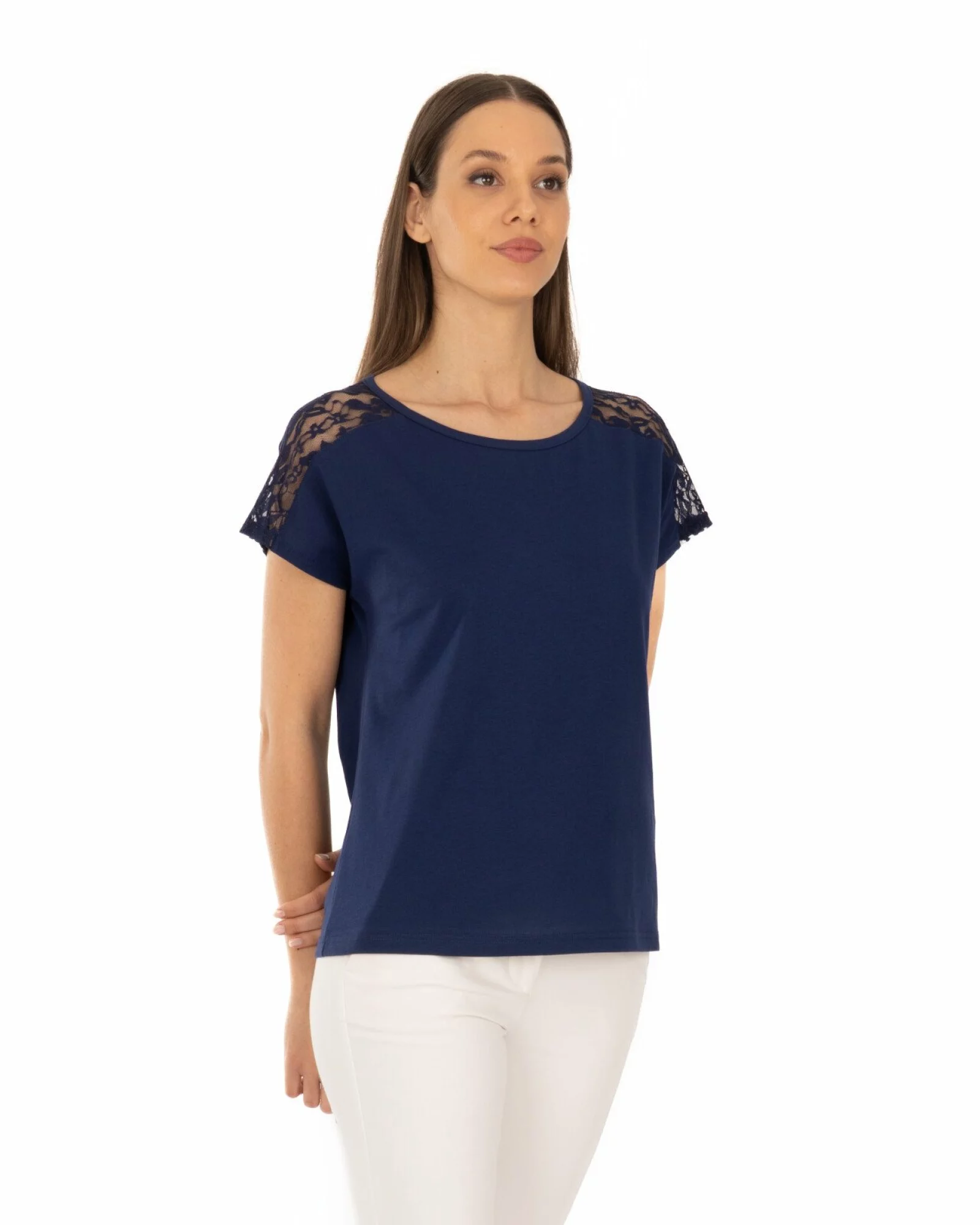 Tricou bleumarin bumbac cu dantelă la umeri