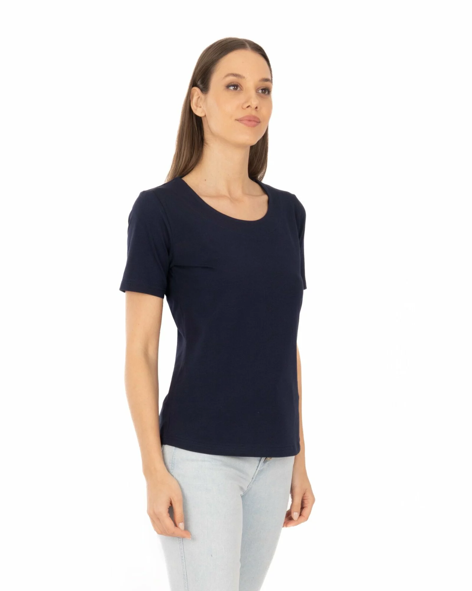 Tricou bleumarin din bumbac elastan cu decolteu conturat