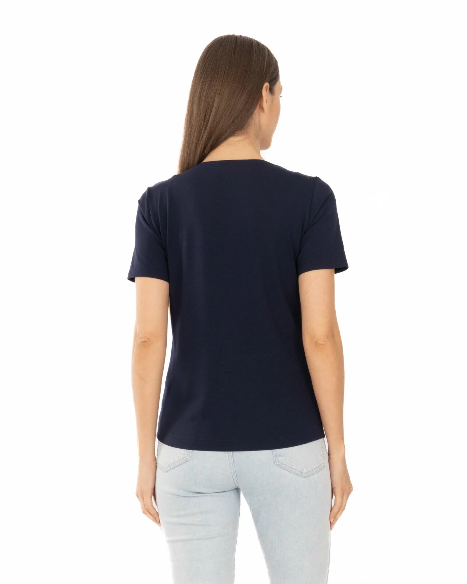 Tricou bleumarin din bumbac elastan cu decolteu conturat