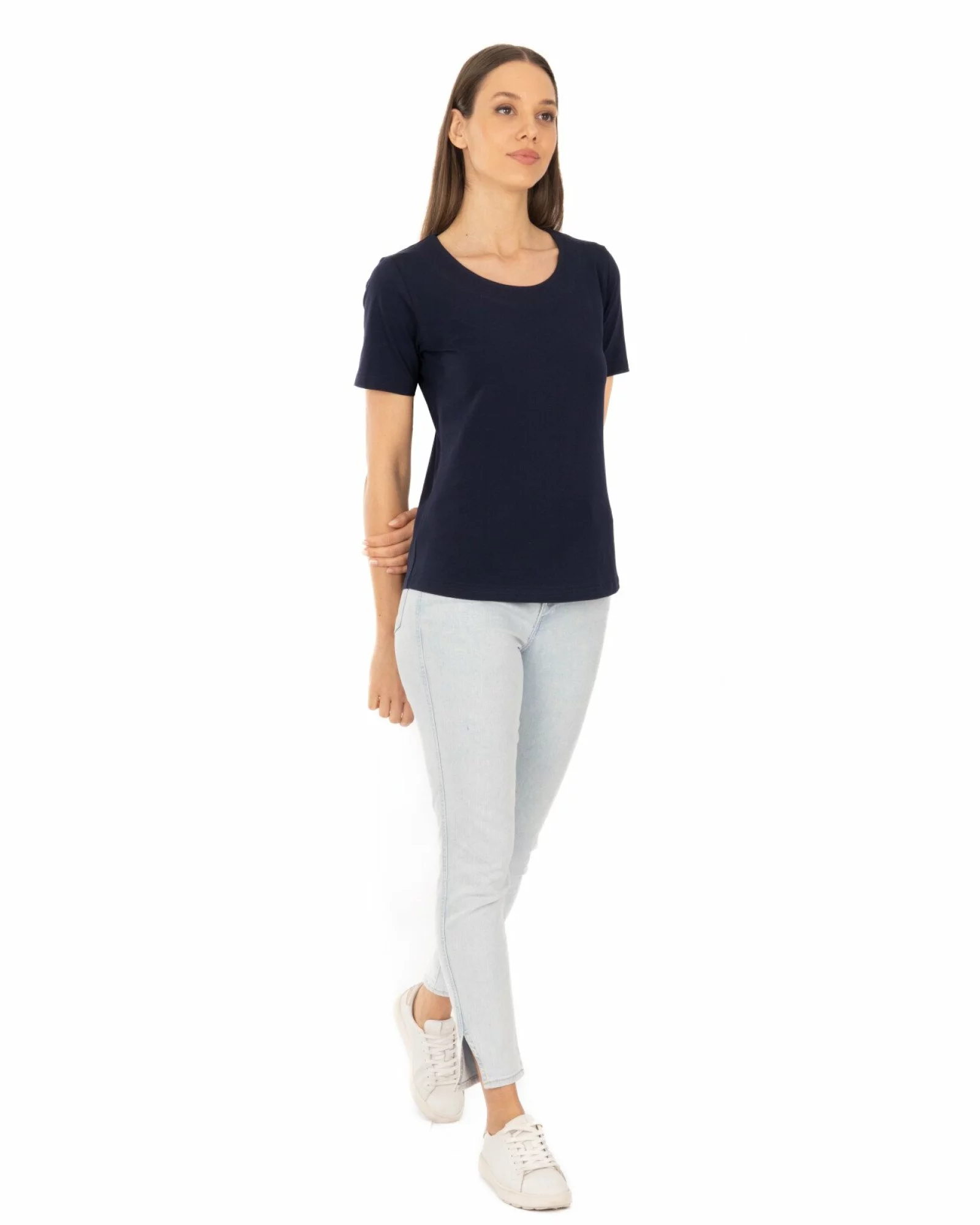 Tricou bleumarin din bumbac elastan cu decolteu conturat