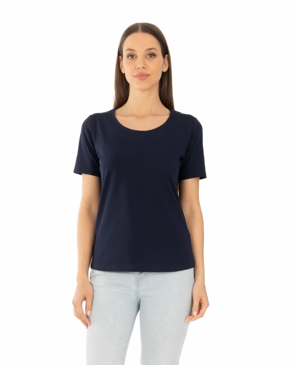 Tricou bleumarin din bumbac elastan cu decolteu conturat
