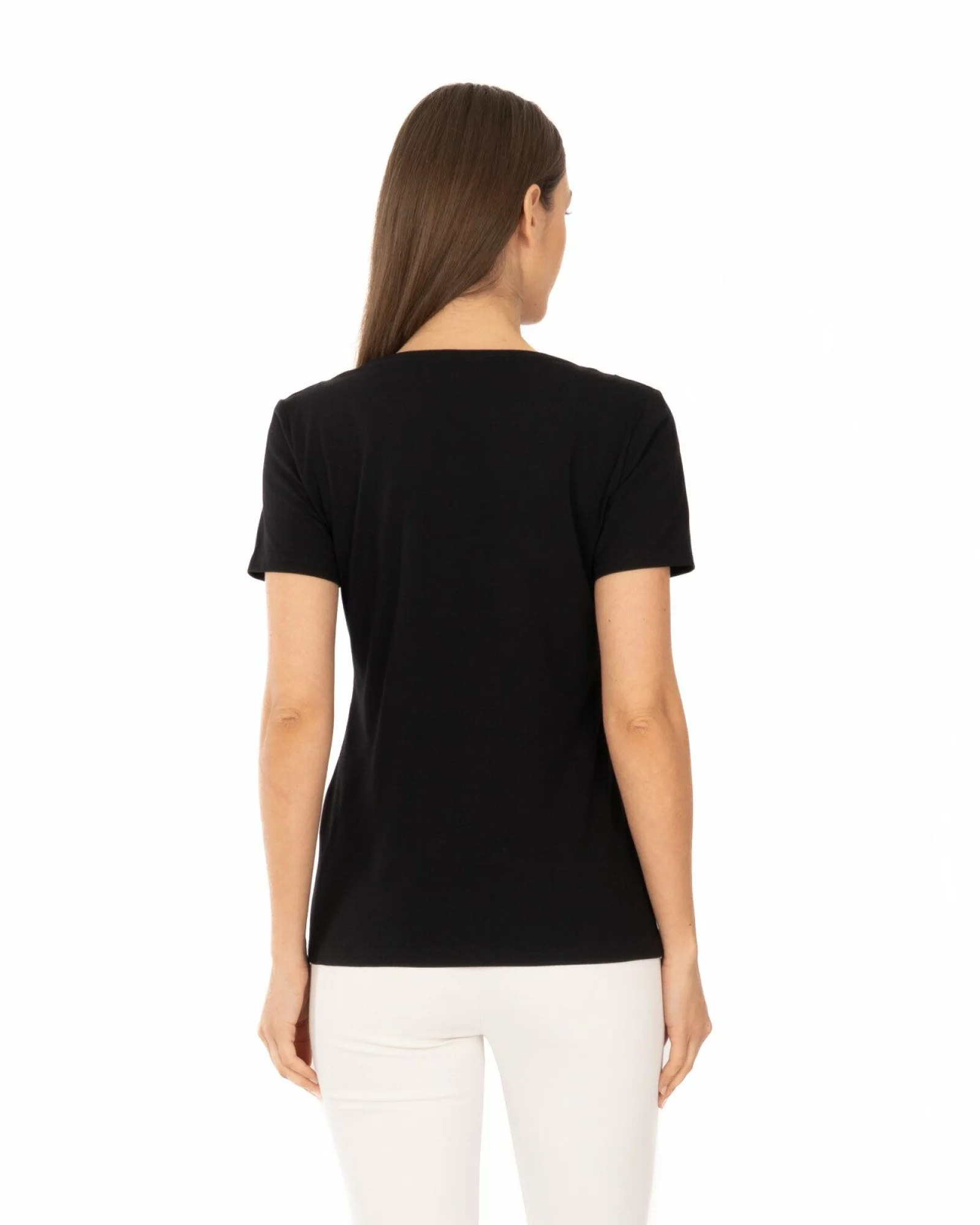 Tricou negru bumbac elastan cu dantelă la decolteu