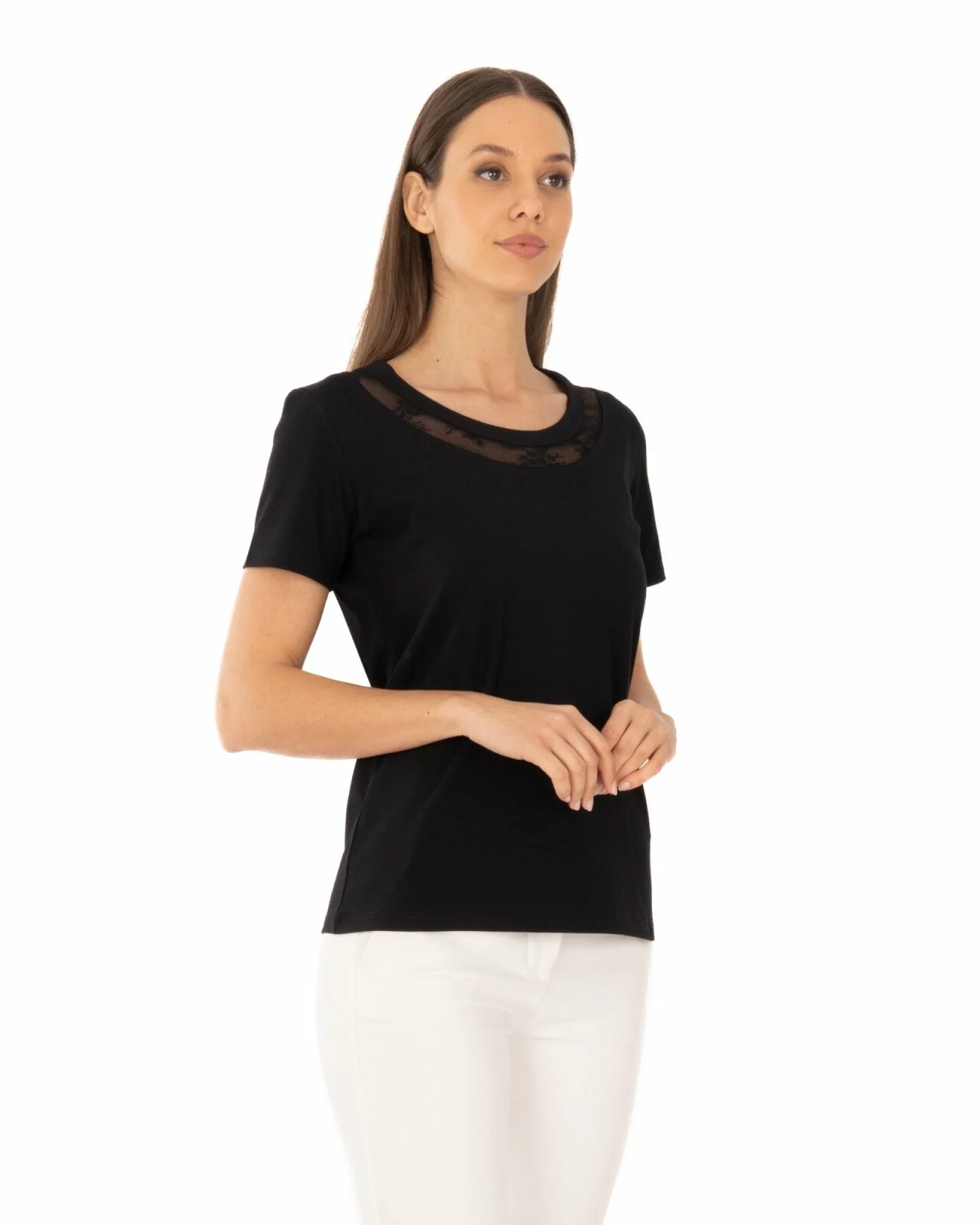 Tricou negru bumbac elastan cu dantelă la decolteu