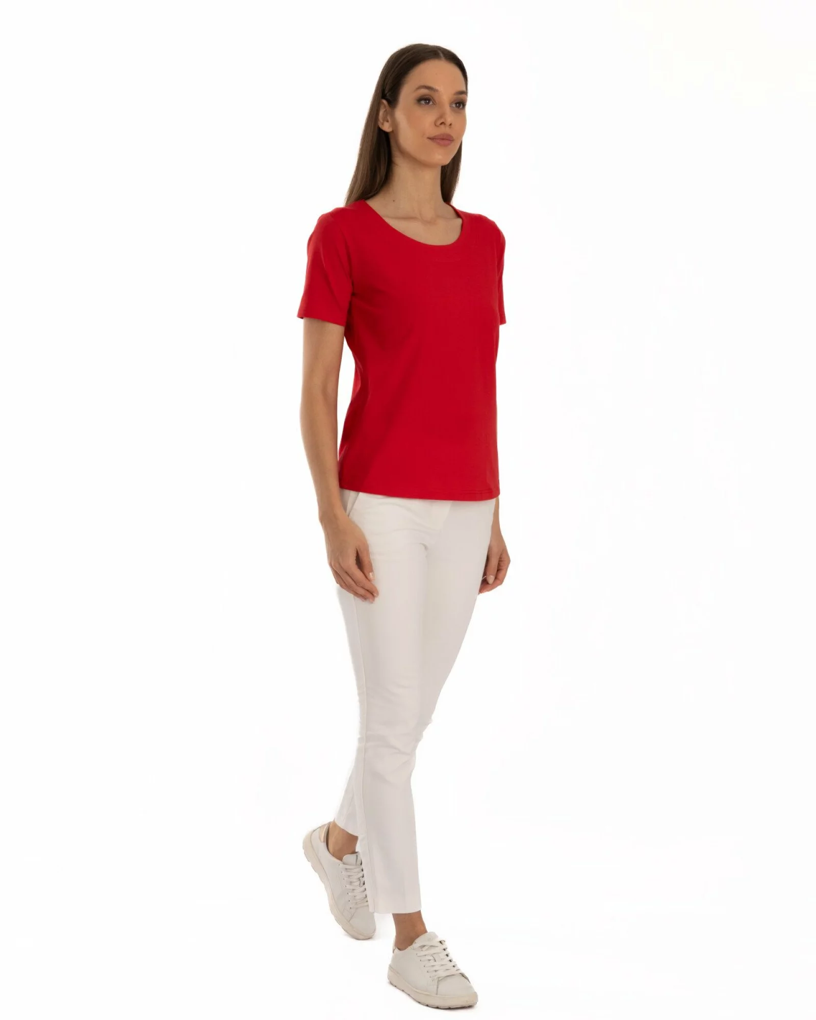 Tricou roșu din bumbac elastan cu decolteu conturat