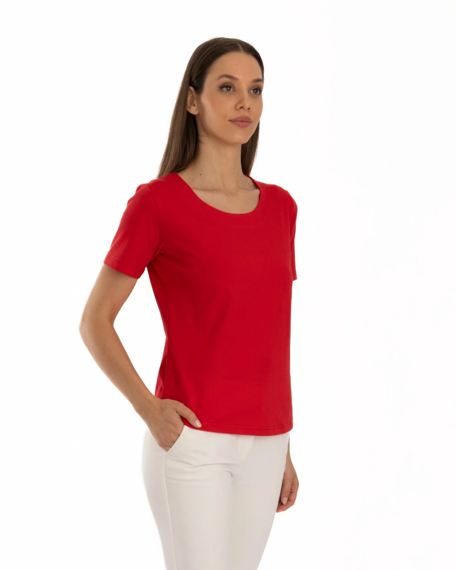 Tricou roșu din bumbac elastan cu decolteu conturat