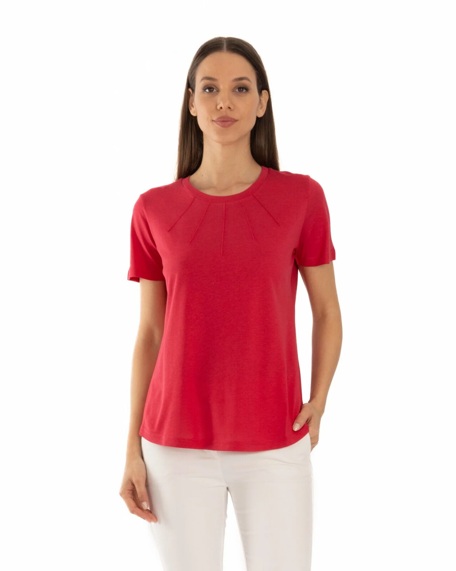 Tricou roșu bumbac modal cu cusături decorative