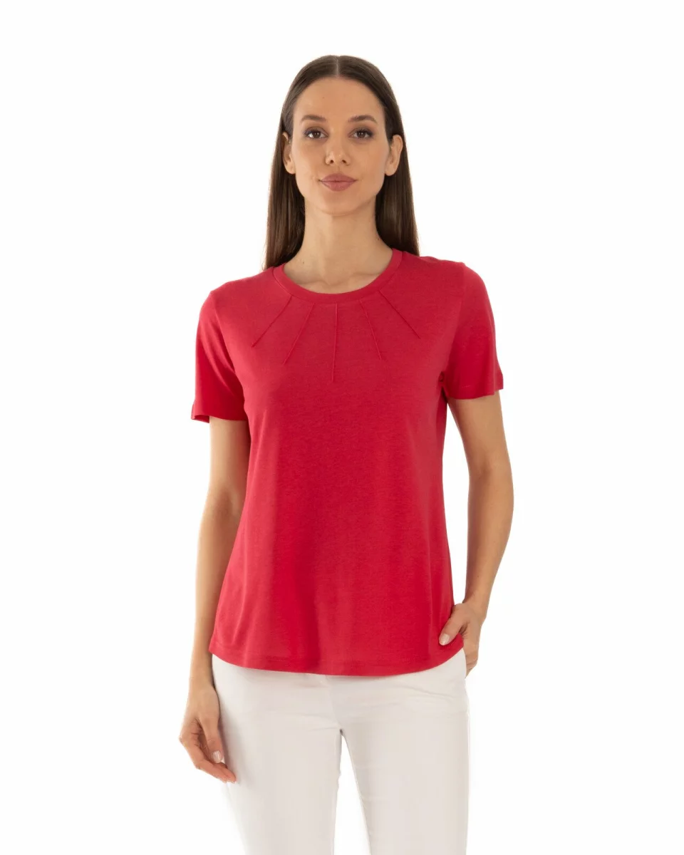 Tricou roșu bumbac modal cu cusături decorative