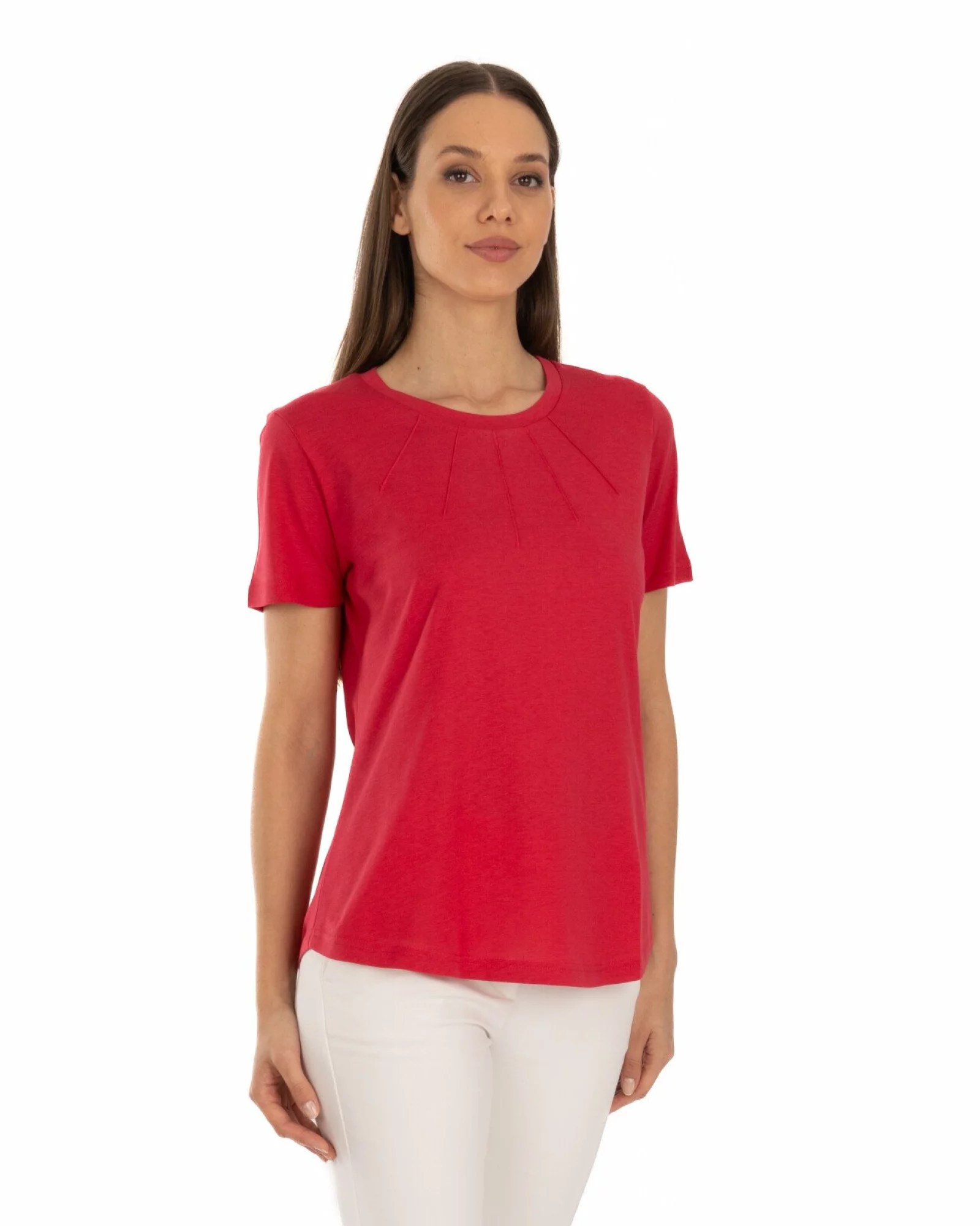 Tricou roșu bumbac modal cu cusături decorative