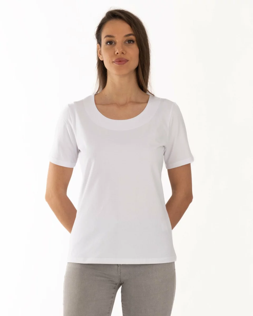Tricou alb din bumbac elastan cu decolteu conturat