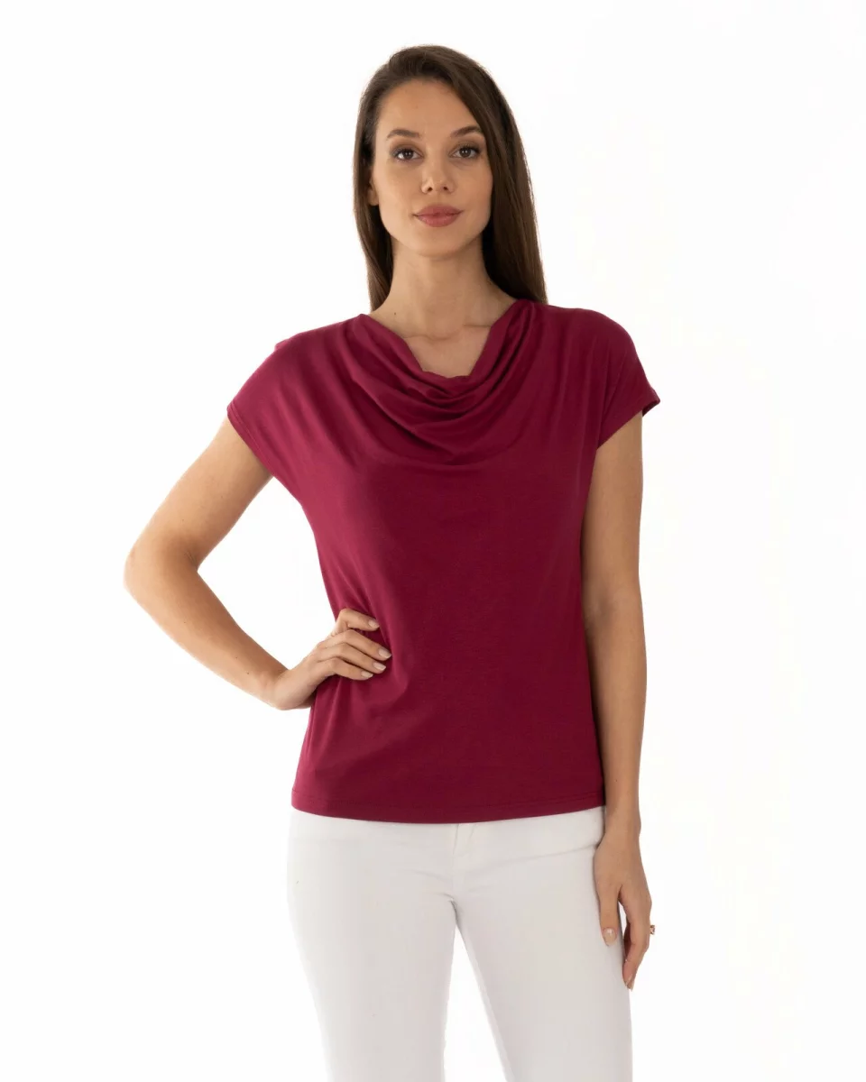 Tricou bordo vâscoză elastan cu guler drapat