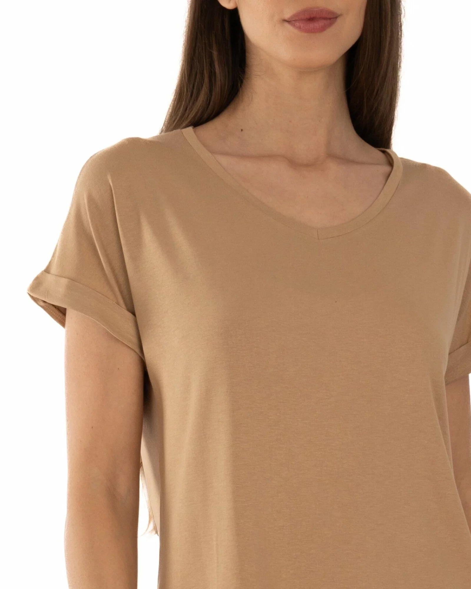 Tricou cappuccino vâscoză elastan cu manșetă