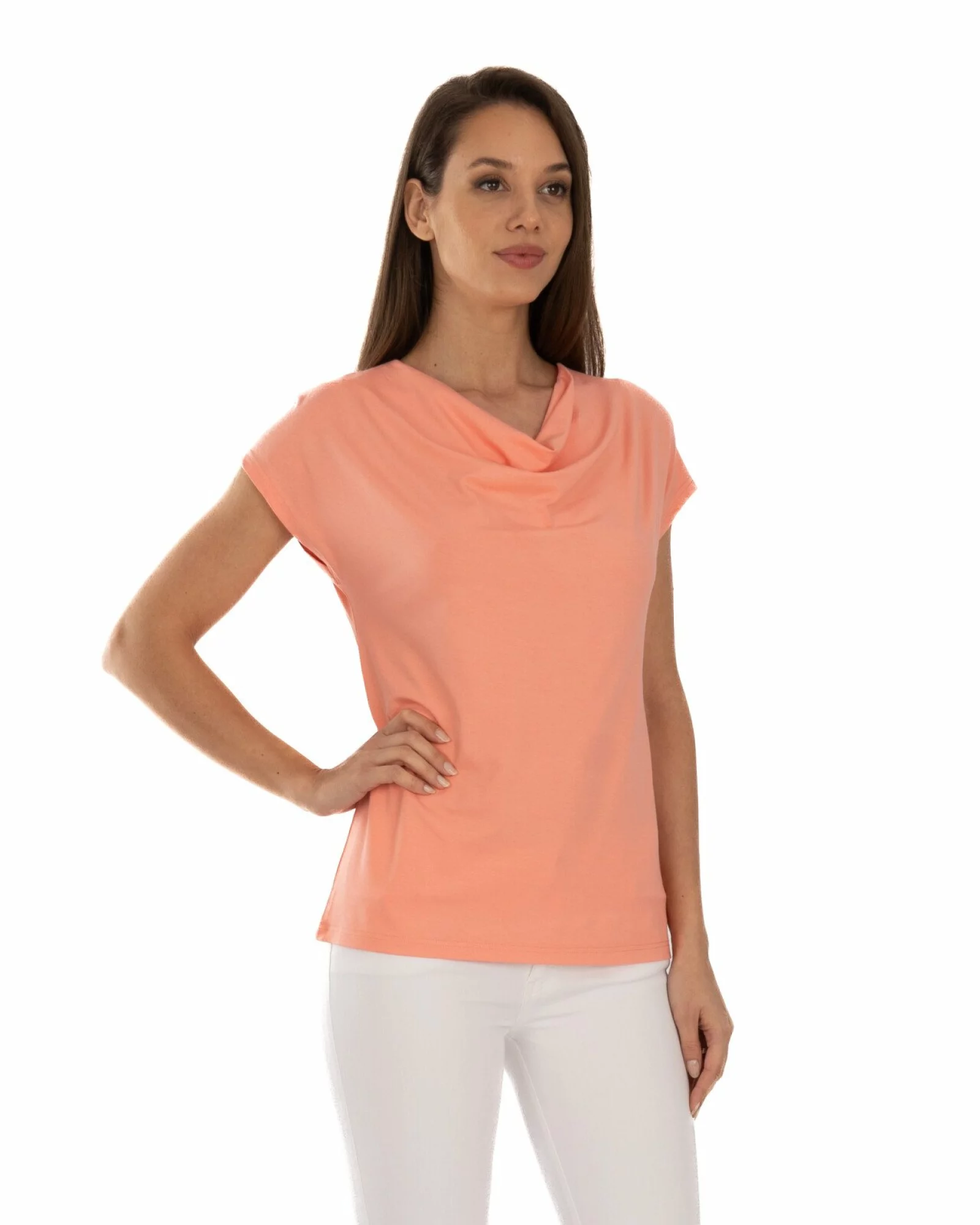 Tricou coral vâscoză elastan cu guler drapat