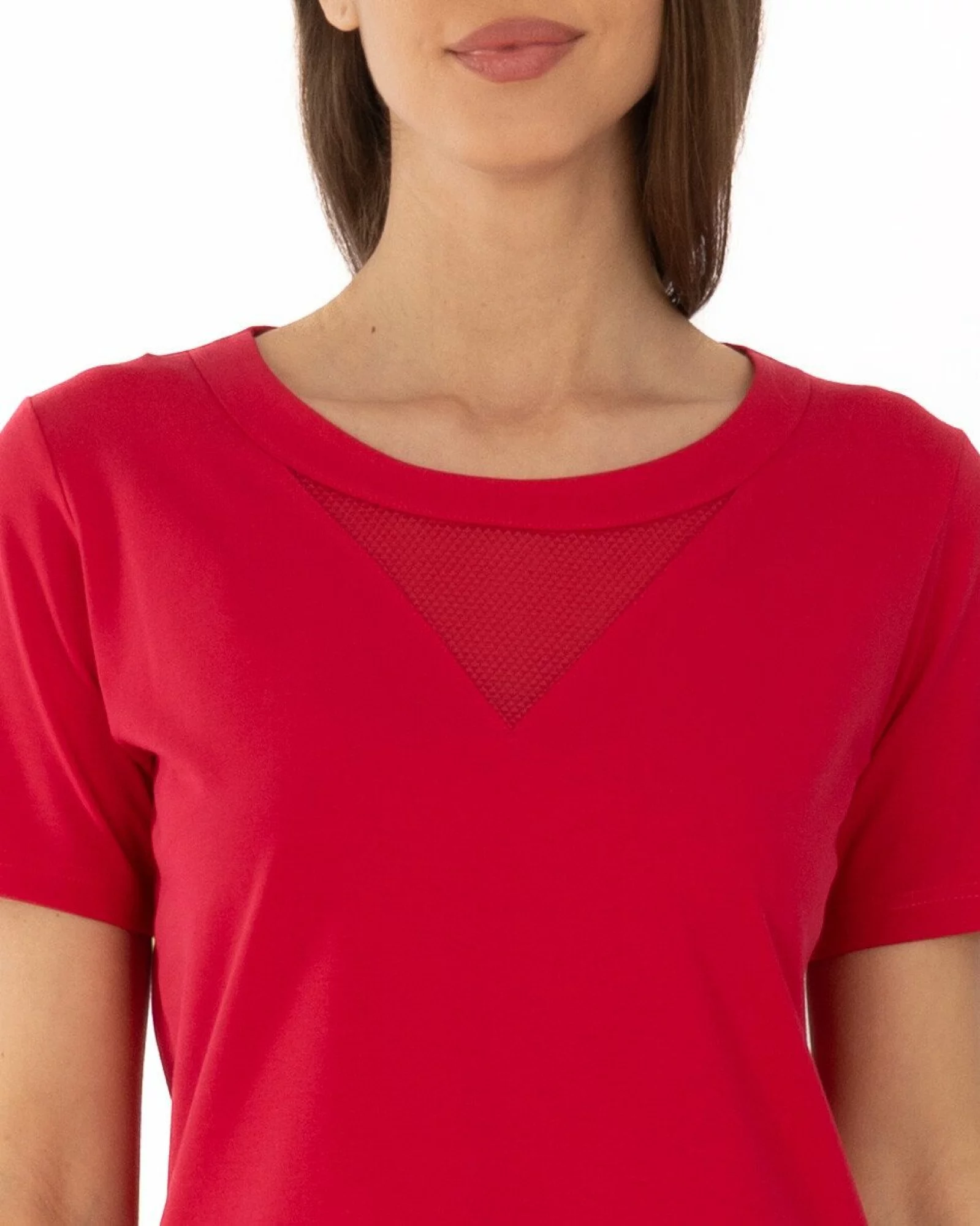 Tricou roșu bumbac elastan cu inserție dantelă