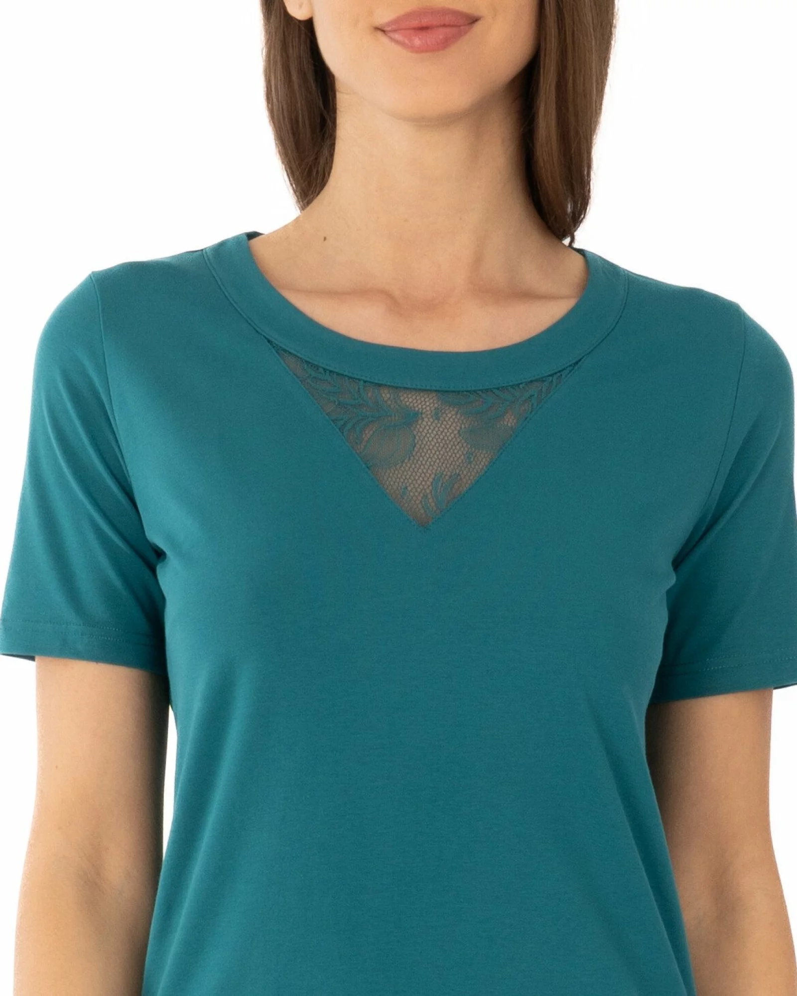 Tricou verde bumbac elastan cu inserție dantelă