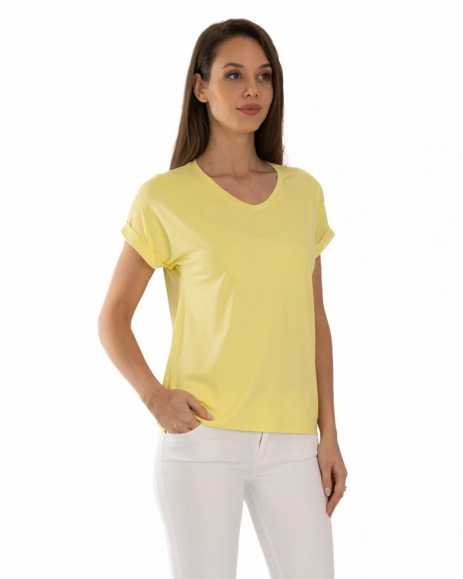Tricou galben vâscoză elastan cu manșetă