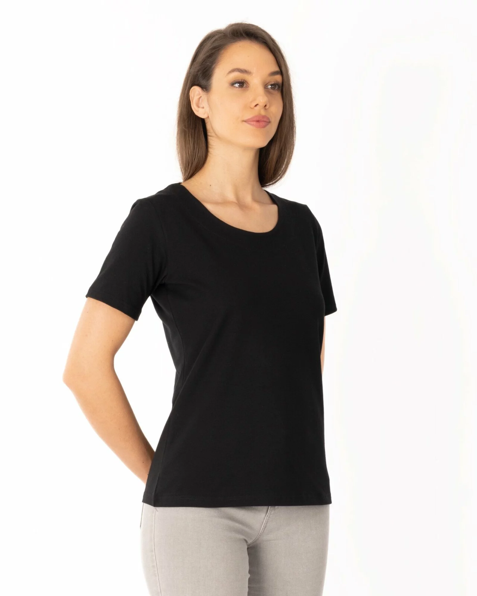 Tricou negru din bumbac elastan cu decolteu conturat