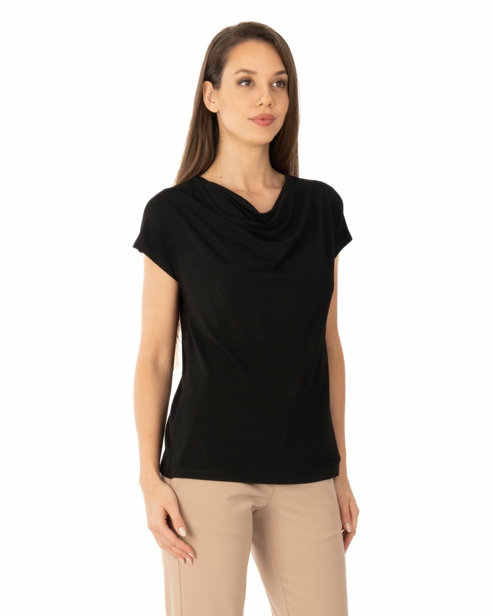 Tricou negru vâscoză elastan cu guler drapat