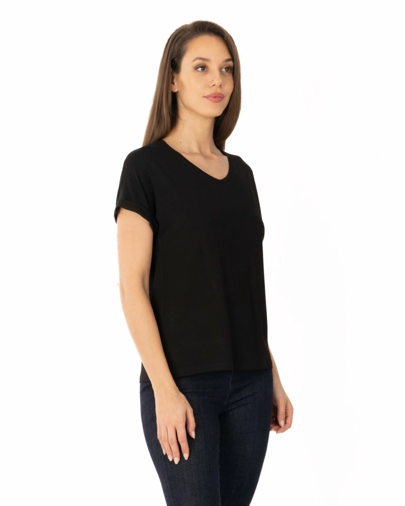 Tricou negru vâscoză elastan cu manșetă