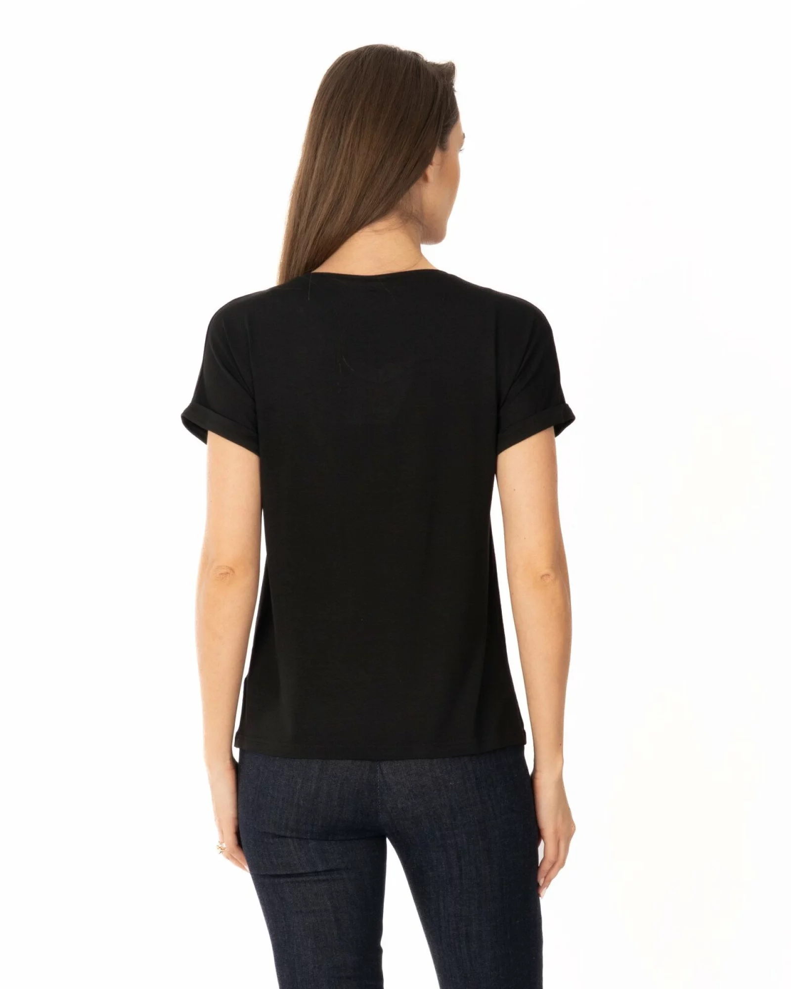 Tricou negru vâscoză elastan cu manșetă