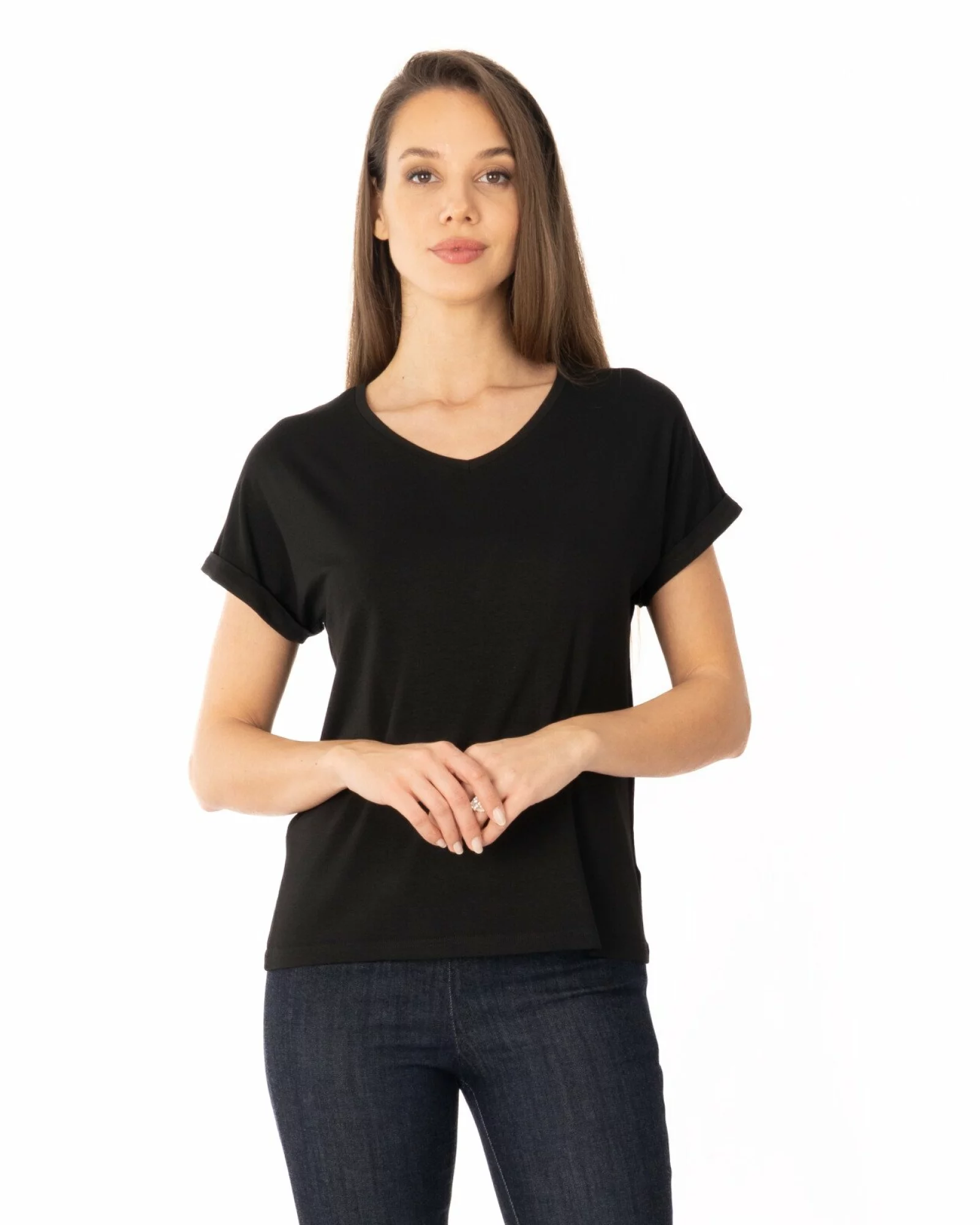 Tricou negru vâscoză elastan cu manșetă