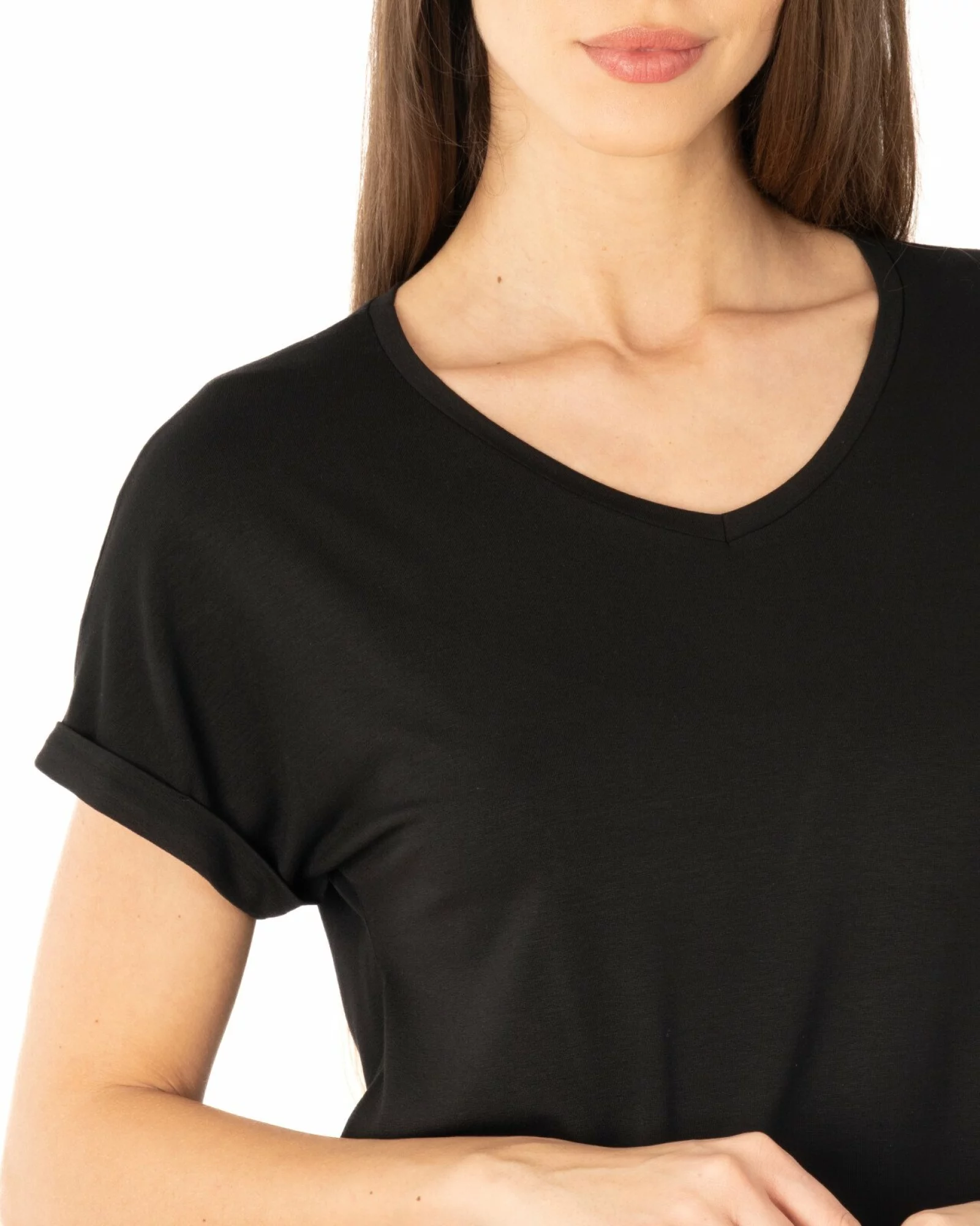 Tricou negru vâscoză elastan cu manșetă