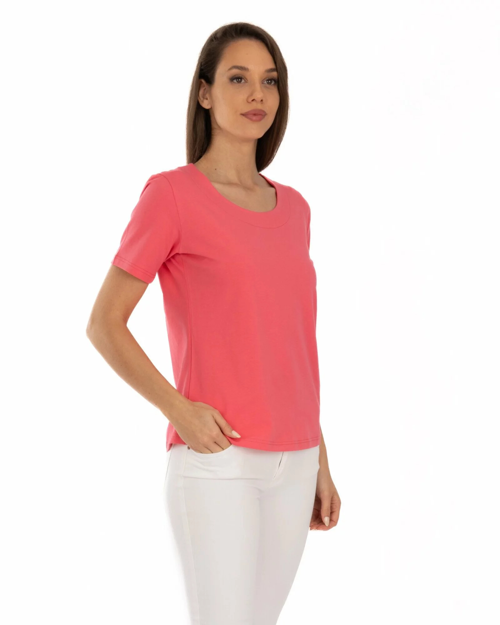 Tricou roz coral din bumbac elastan cu decolteu conturat