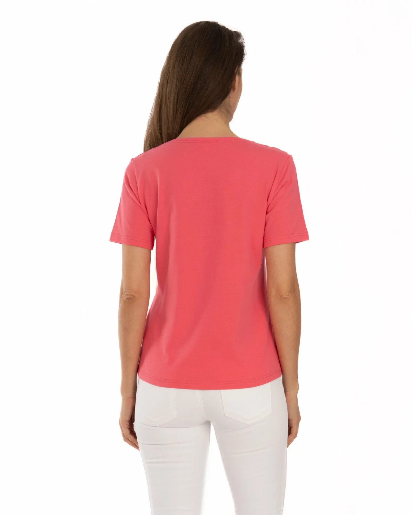 Tricou roz coral din bumbac elastan cu decolteu conturat