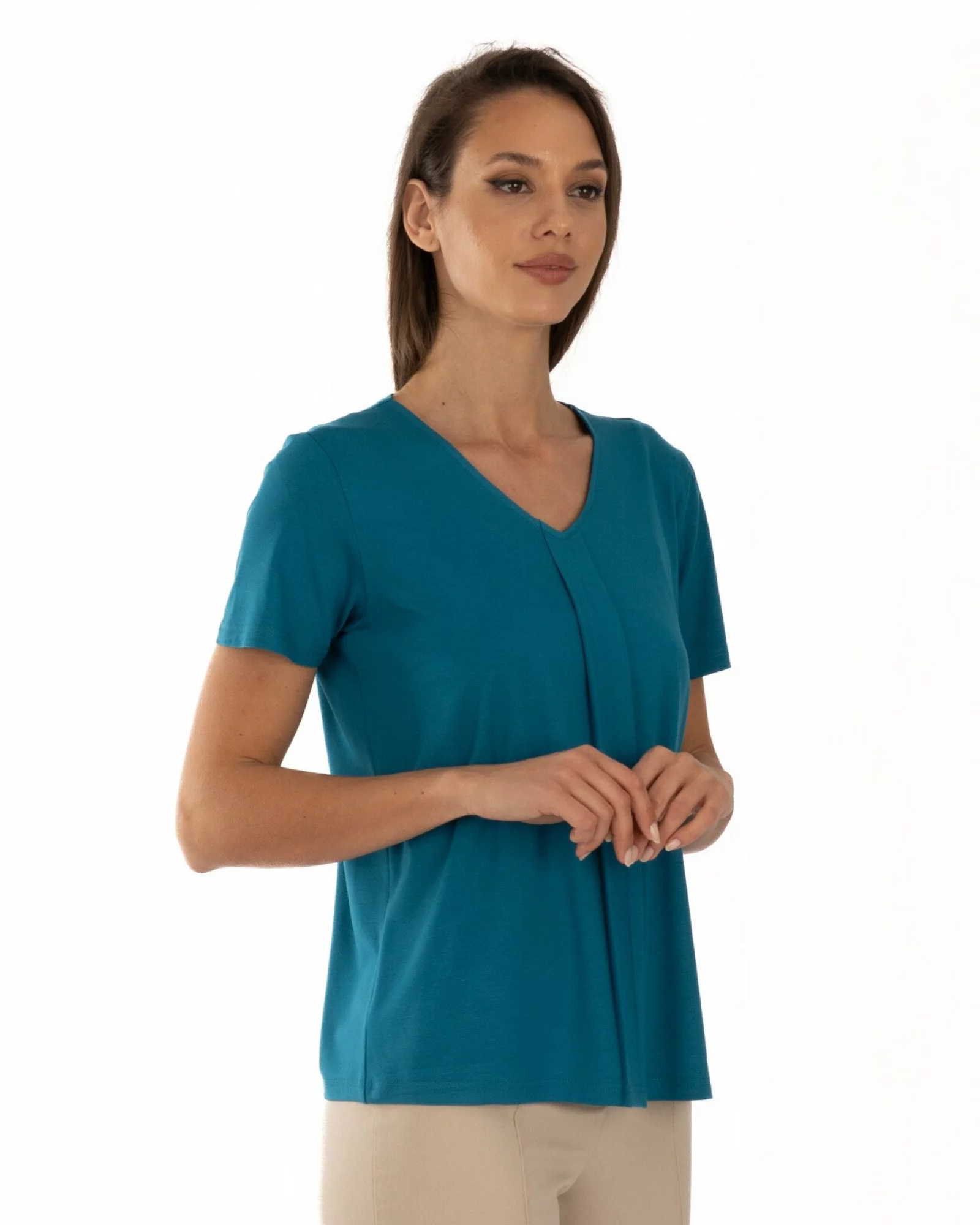 Tricou turcoaz vâscoză elastan cu decolteu V